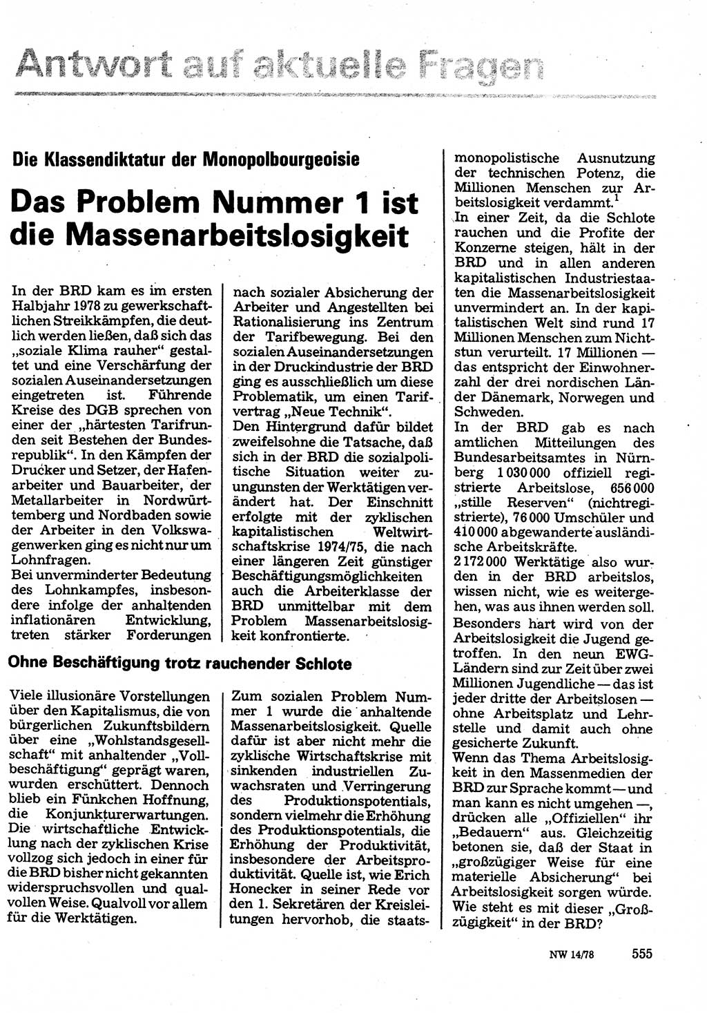 Neuer Weg (NW), Organ des Zentralkomitees (ZK) der SED (Sozialistische Einheitspartei Deutschlands) für Fragen des Parteilebens, 33. Jahrgang [Deutsche Demokratische Republik (DDR)] 1978, Seite 555 (NW ZK SED DDR 1978, S. 555)