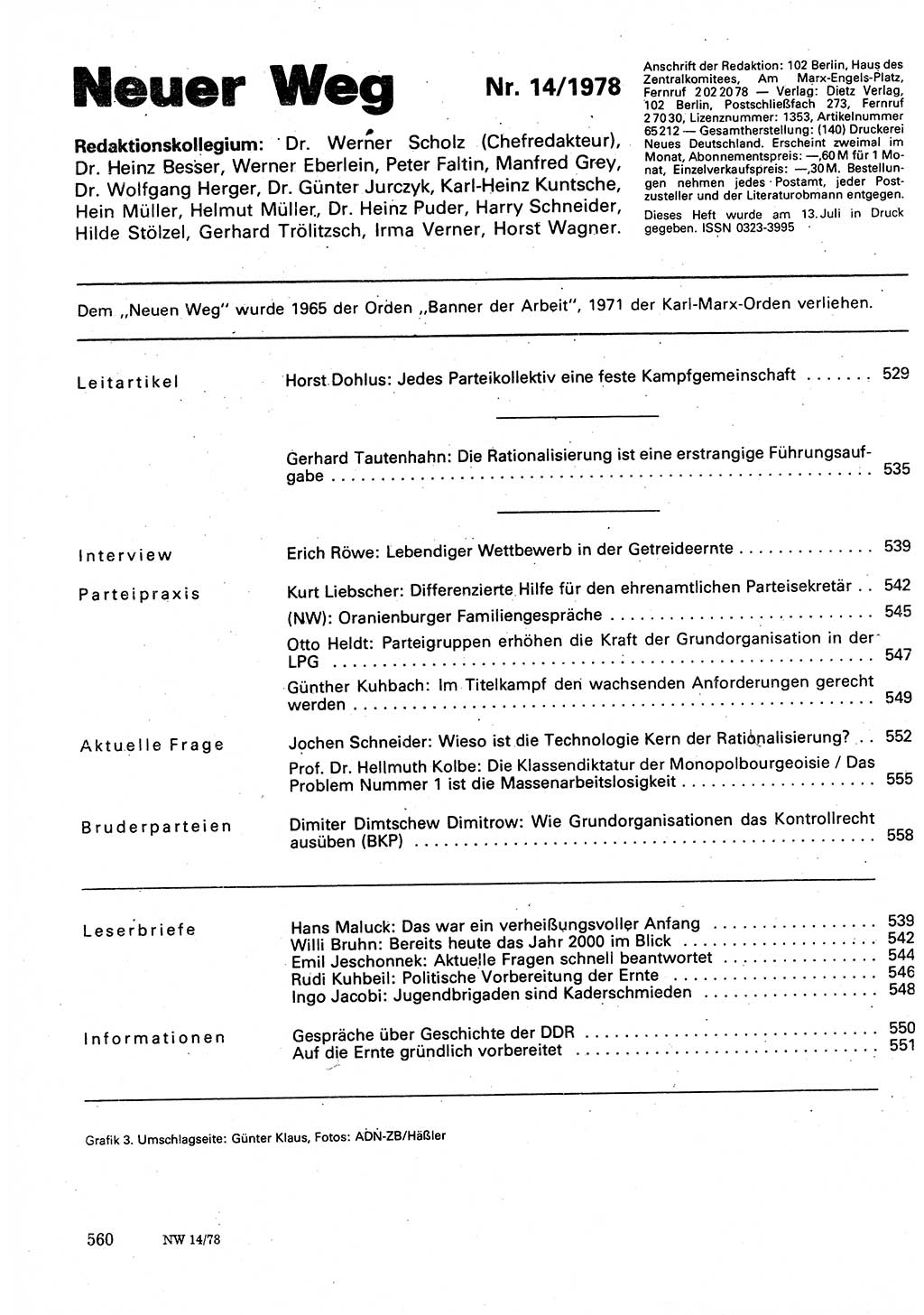 Neuer Weg (NW), Organ des Zentralkomitees (ZK) der SED (Sozialistische Einheitspartei Deutschlands) für Fragen des Parteilebens, 33. Jahrgang [Deutsche Demokratische Republik (DDR)] 1978, Seite 560 (NW ZK SED DDR 1978, S. 560)