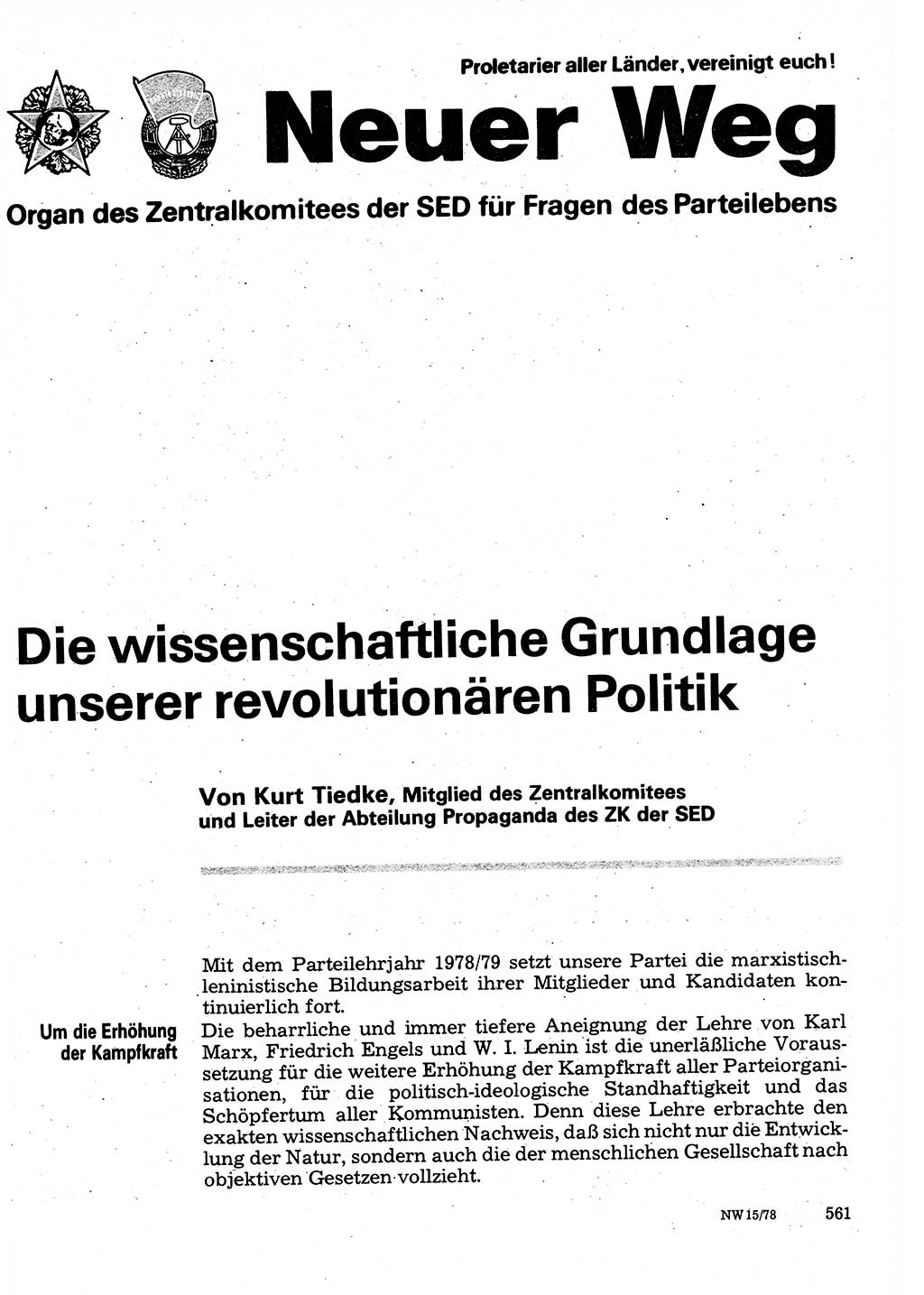 Neuer Weg (NW), Organ des Zentralkomitees (ZK) der SED (Sozialistische Einheitspartei Deutschlands) für Fragen des Parteilebens, 33. Jahrgang [Deutsche Demokratische Republik (DDR)] 1978, Seite 561 (NW ZK SED DDR 1978, S. 561)