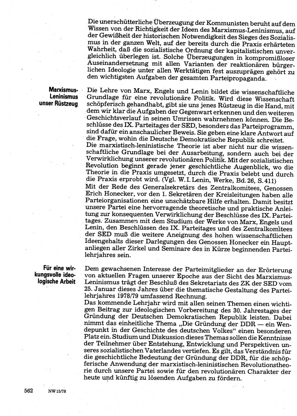 Neuer Weg (NW), Organ des Zentralkomitees (ZK) der SED (Sozialistische Einheitspartei Deutschlands) für Fragen des Parteilebens, 33. Jahrgang [Deutsche Demokratische Republik (DDR)] 1978, Seite 562 (NW ZK SED DDR 1978, S. 562)