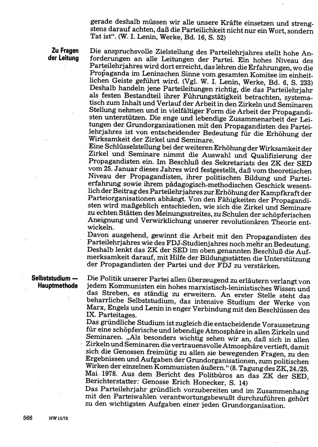Neuer Weg (NW), Organ des Zentralkomitees (ZK) der SED (Sozialistische Einheitspartei Deutschlands) für Fragen des Parteilebens, 33. Jahrgang [Deutsche Demokratische Republik (DDR)] 1978, Seite 566 (NW ZK SED DDR 1978, S. 566)