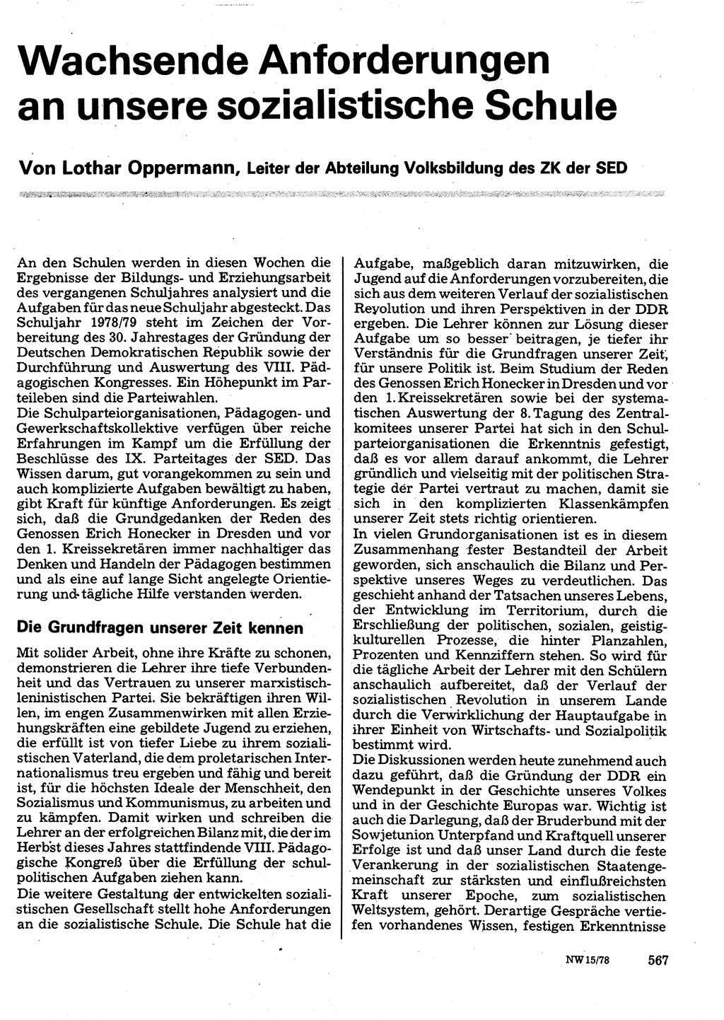 Neuer Weg (NW), Organ des Zentralkomitees (ZK) der SED (Sozialistische Einheitspartei Deutschlands) für Fragen des Parteilebens, 33. Jahrgang [Deutsche Demokratische Republik (DDR)] 1978, Seite 567 (NW ZK SED DDR 1978, S. 567)