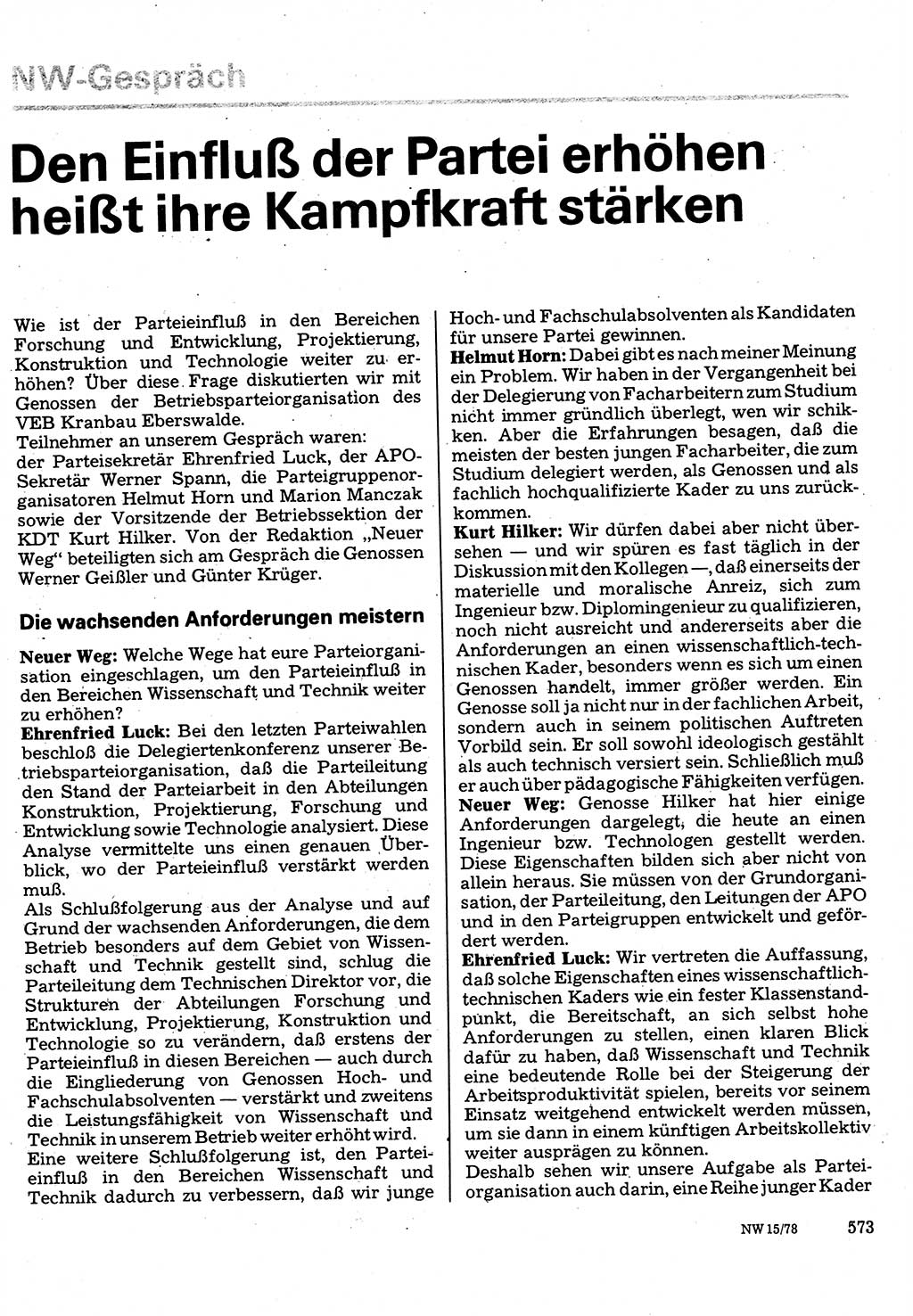 Neuer Weg (NW), Organ des Zentralkomitees (ZK) der SED (Sozialistische Einheitspartei Deutschlands) für Fragen des Parteilebens, 33. Jahrgang [Deutsche Demokratische Republik (DDR)] 1978, Seite 573 (NW ZK SED DDR 1978, S. 573)