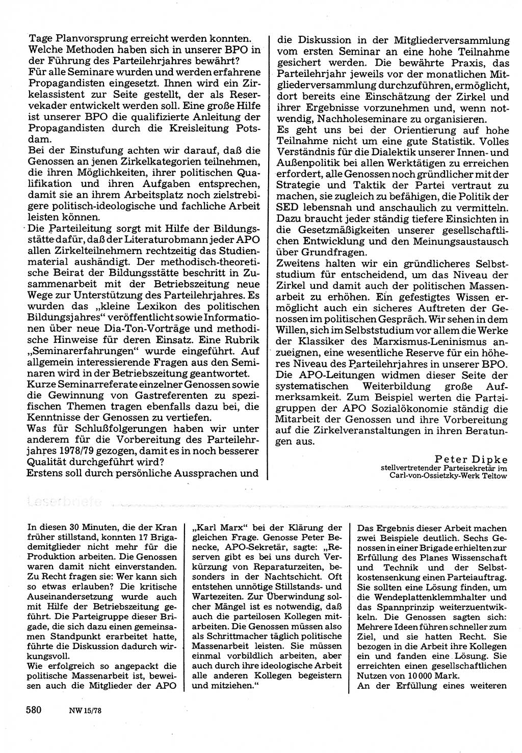 Neuer Weg (NW), Organ des Zentralkomitees (ZK) der SED (Sozialistische Einheitspartei Deutschlands) für Fragen des Parteilebens, 33. Jahrgang [Deutsche Demokratische Republik (DDR)] 1978, Seite 580 (NW ZK SED DDR 1978, S. 580)