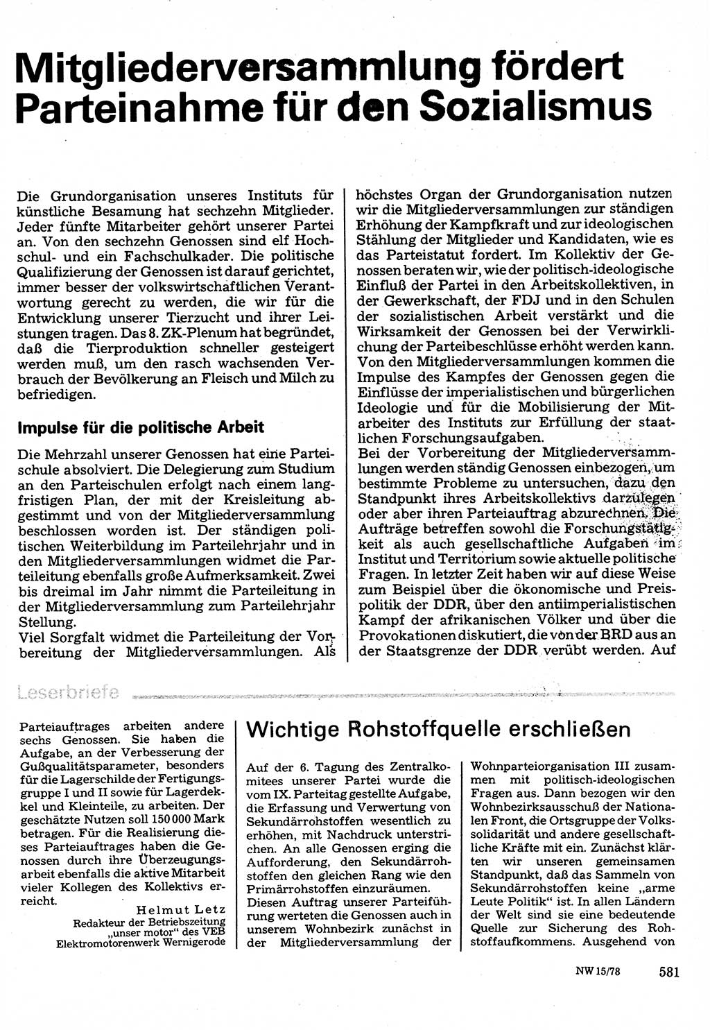 Neuer Weg (NW), Organ des Zentralkomitees (ZK) der SED (Sozialistische Einheitspartei Deutschlands) für Fragen des Parteilebens, 33. Jahrgang [Deutsche Demokratische Republik (DDR)] 1978, Seite 581 (NW ZK SED DDR 1978, S. 581)
