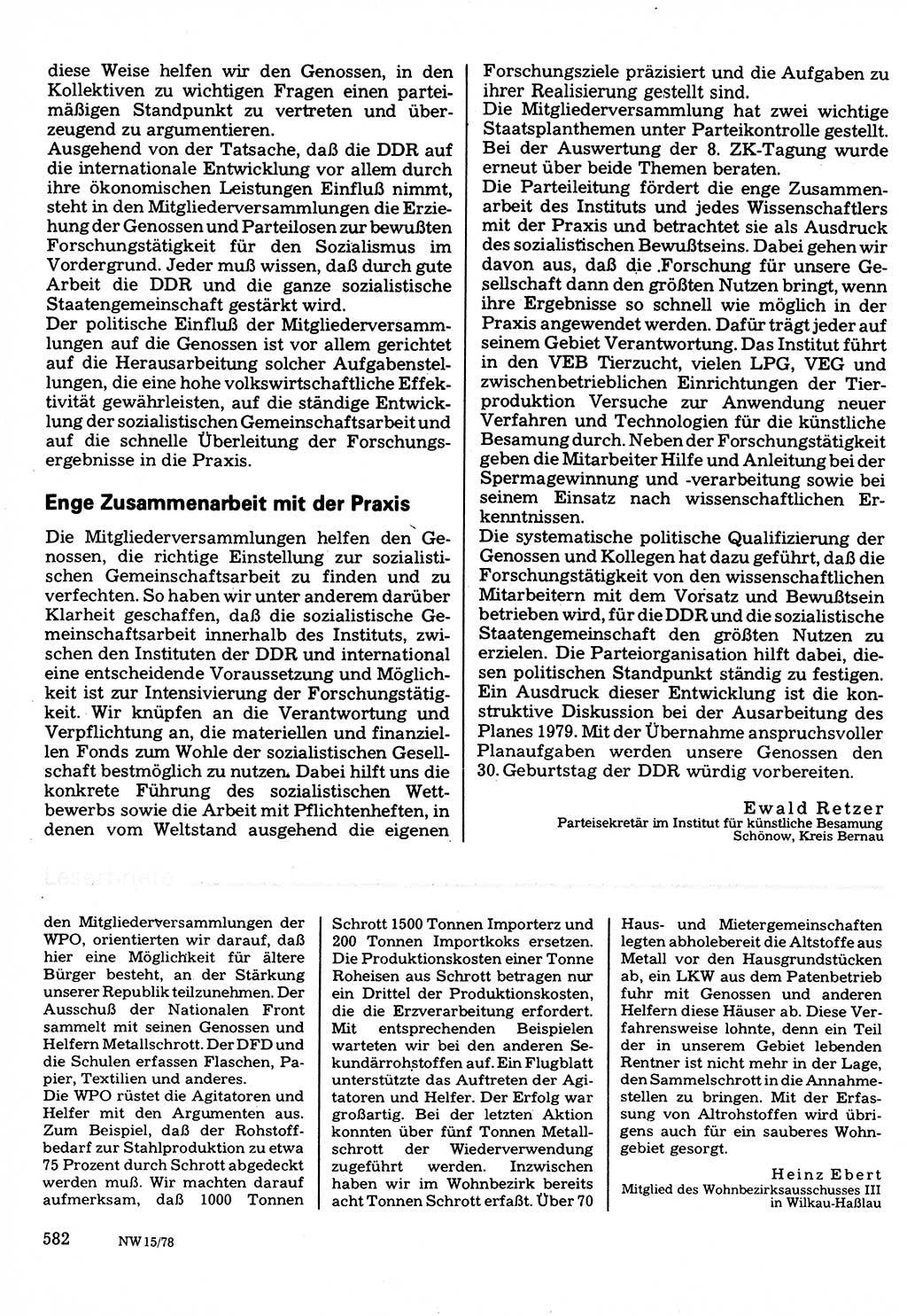 Neuer Weg (NW), Organ des Zentralkomitees (ZK) der SED (Sozialistische Einheitspartei Deutschlands) für Fragen des Parteilebens, 33. Jahrgang [Deutsche Demokratische Republik (DDR)] 1978, Seite 582 (NW ZK SED DDR 1978, S. 582)
