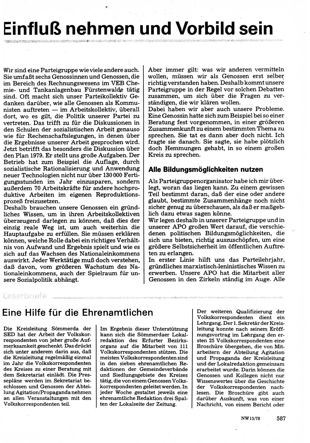 Neuer Weg (NW), Organ des Zentralkomitees (ZK) der SED (Sozialistische Einheitspartei Deutschlands) für Fragen des Parteilebens, 33. Jahrgang [Deutsche Demokratische Republik (DDR)] 1978, Seite 587 (NW ZK SED DDR 1978, S. 587)