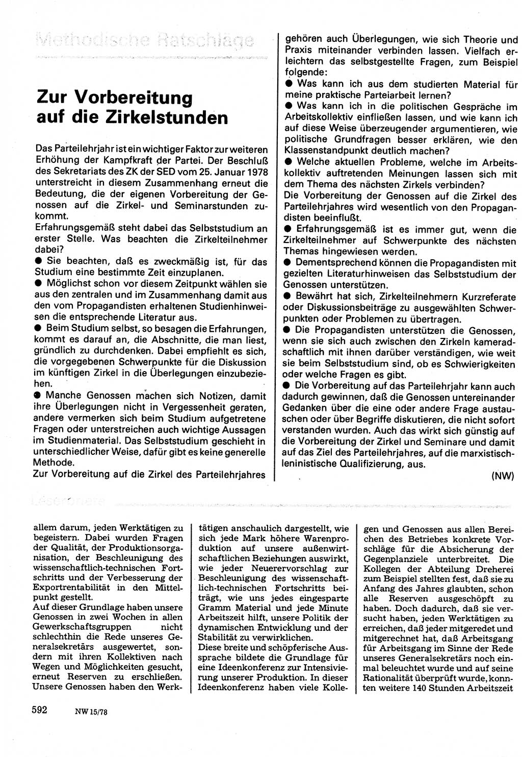 Neuer Weg (NW), Organ des Zentralkomitees (ZK) der SED (Sozialistische Einheitspartei Deutschlands) für Fragen des Parteilebens, 33. Jahrgang [Deutsche Demokratische Republik (DDR)] 1978, Seite 592 (NW ZK SED DDR 1978, S. 592)