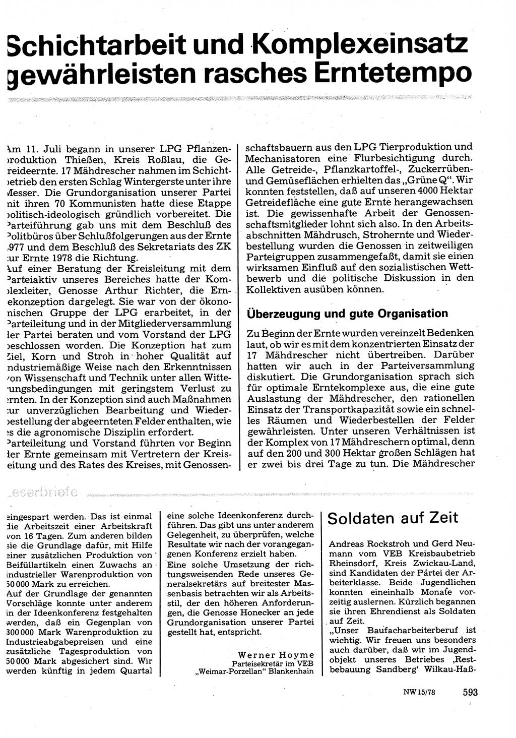 Neuer Weg (NW), Organ des Zentralkomitees (ZK) der SED (Sozialistische Einheitspartei Deutschlands) für Fragen des Parteilebens, 33. Jahrgang [Deutsche Demokratische Republik (DDR)] 1978, Seite 593 (NW ZK SED DDR 1978, S. 593)