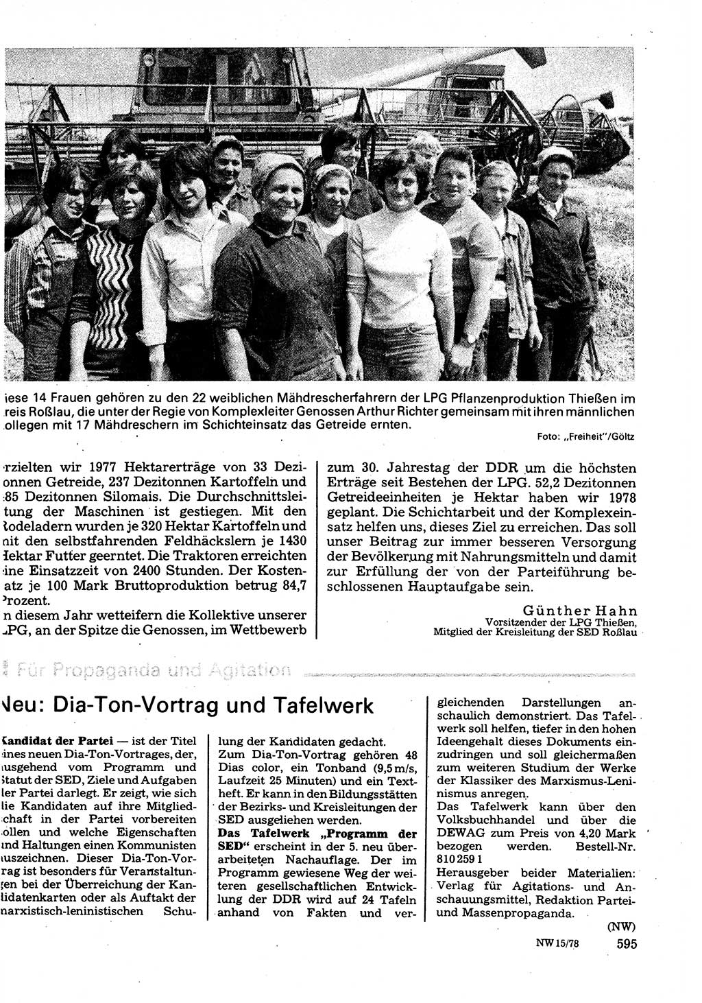 Neuer Weg (NW), Organ des Zentralkomitees (ZK) der SED (Sozialistische Einheitspartei Deutschlands) für Fragen des Parteilebens, 33. Jahrgang [Deutsche Demokratische Republik (DDR)] 1978, Seite 595 (NW ZK SED DDR 1978, S. 595)