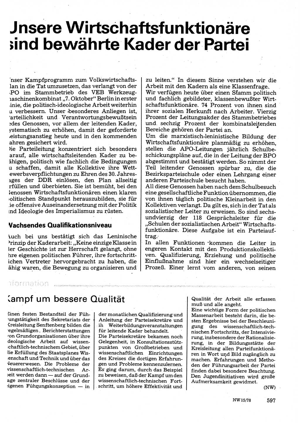 Neuer Weg (NW), Organ des Zentralkomitees (ZK) der SED (Sozialistische Einheitspartei Deutschlands) für Fragen des Parteilebens, 33. Jahrgang [Deutsche Demokratische Republik (DDR)] 1978, Seite 597 (NW ZK SED DDR 1978, S. 597)