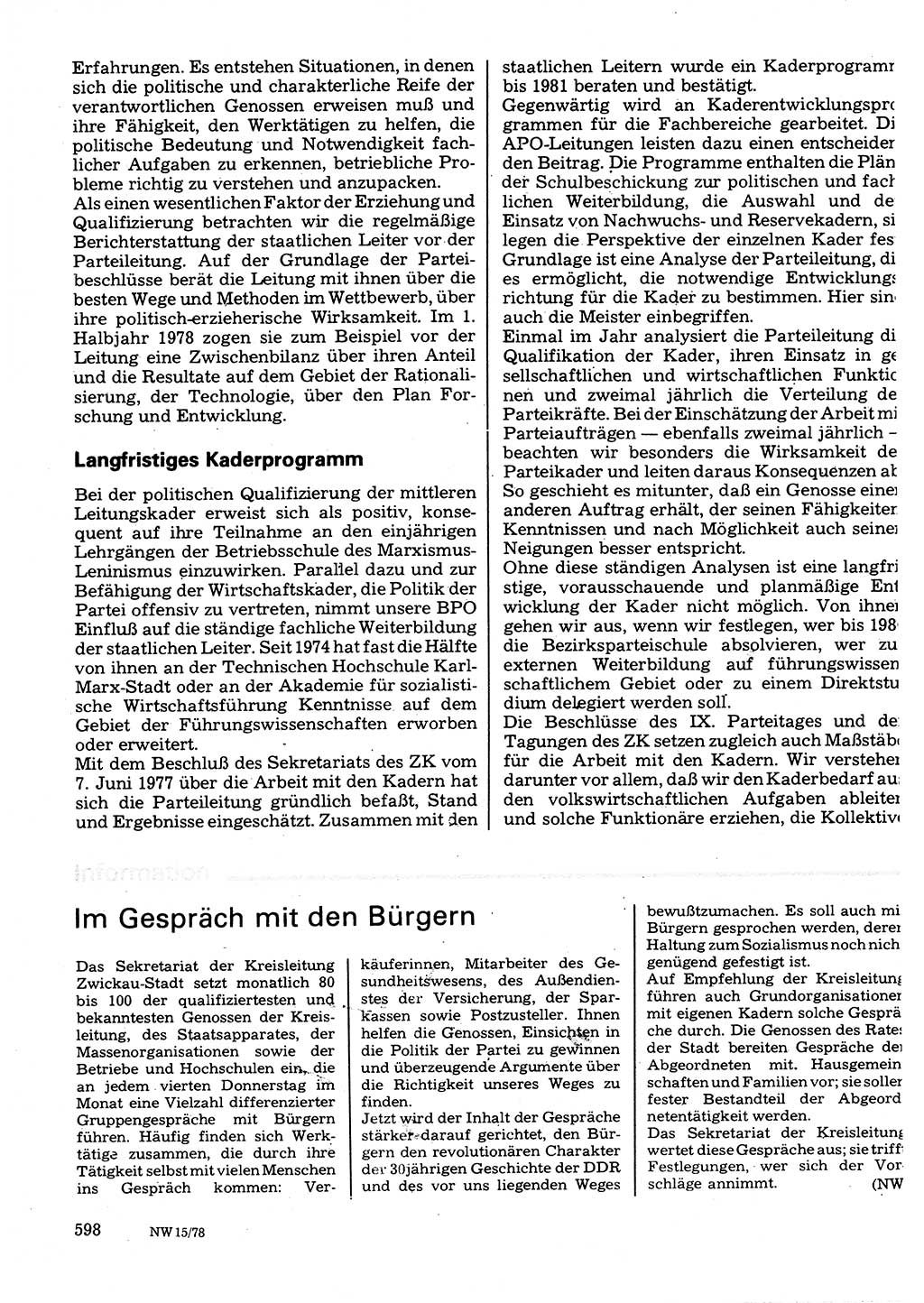 Neuer Weg (NW), Organ des Zentralkomitees (ZK) der SED (Sozialistische Einheitspartei Deutschlands) für Fragen des Parteilebens, 33. Jahrgang [Deutsche Demokratische Republik (DDR)] 1978, Seite 598 (NW ZK SED DDR 1978, S. 598)