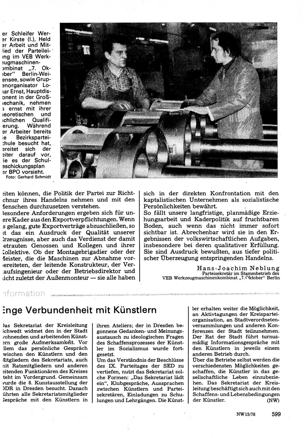 Neuer Weg (NW), Organ des Zentralkomitees (ZK) der SED (Sozialistische Einheitspartei Deutschlands) für Fragen des Parteilebens, 33. Jahrgang [Deutsche Demokratische Republik (DDR)] 1978, Seite 599 (NW ZK SED DDR 1978, S. 599)