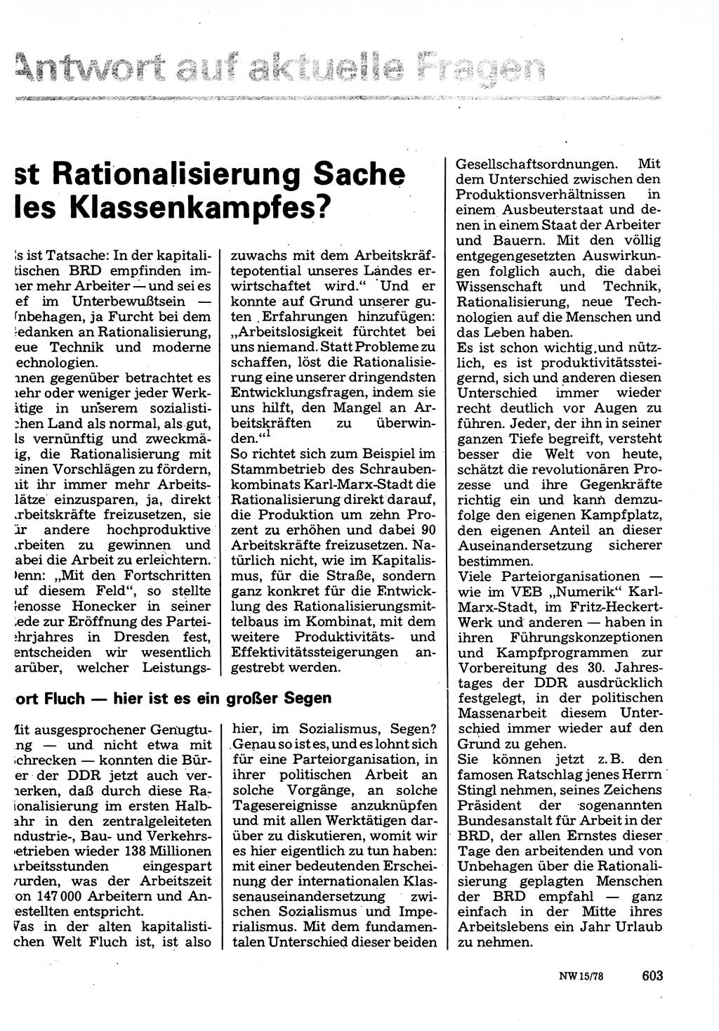 Neuer Weg (NW), Organ des Zentralkomitees (ZK) der SED (Sozialistische Einheitspartei Deutschlands) für Fragen des Parteilebens, 33. Jahrgang [Deutsche Demokratische Republik (DDR)] 1978, Seite 603 (NW ZK SED DDR 1978, S. 603)