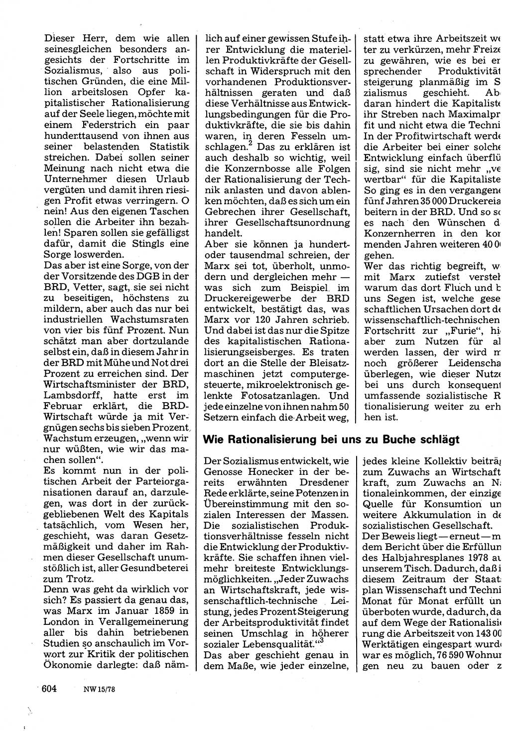 Neuer Weg (NW), Organ des Zentralkomitees (ZK) der SED (Sozialistische Einheitspartei Deutschlands) für Fragen des Parteilebens, 33. Jahrgang [Deutsche Demokratische Republik (DDR)] 1978, Seite 604 (NW ZK SED DDR 1978, S. 604)