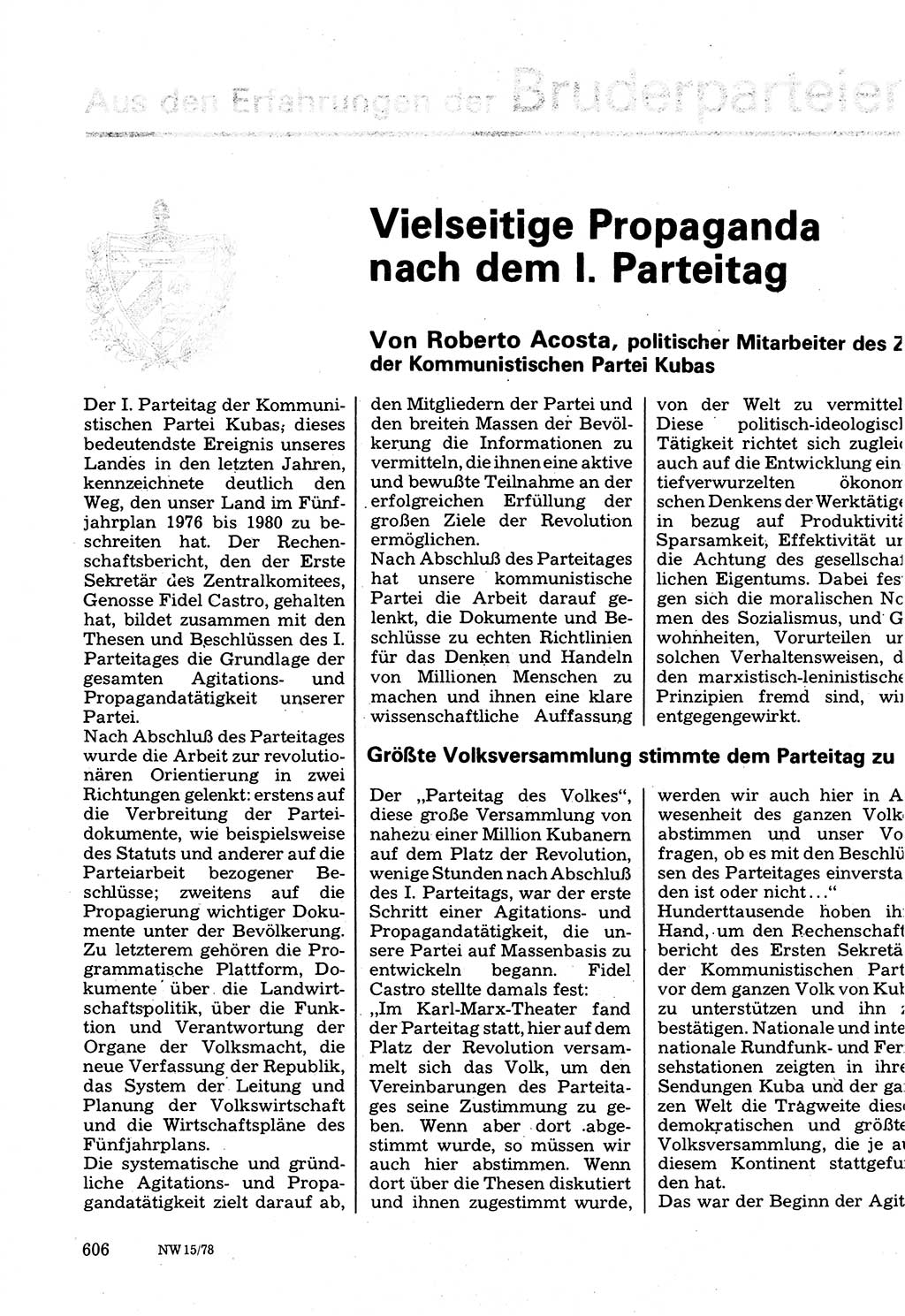 Neuer Weg (NW), Organ des Zentralkomitees (ZK) der SED (Sozialistische Einheitspartei Deutschlands) für Fragen des Parteilebens, 33. Jahrgang [Deutsche Demokratische Republik (DDR)] 1978, Seite 606 (NW ZK SED DDR 1978, S. 606)