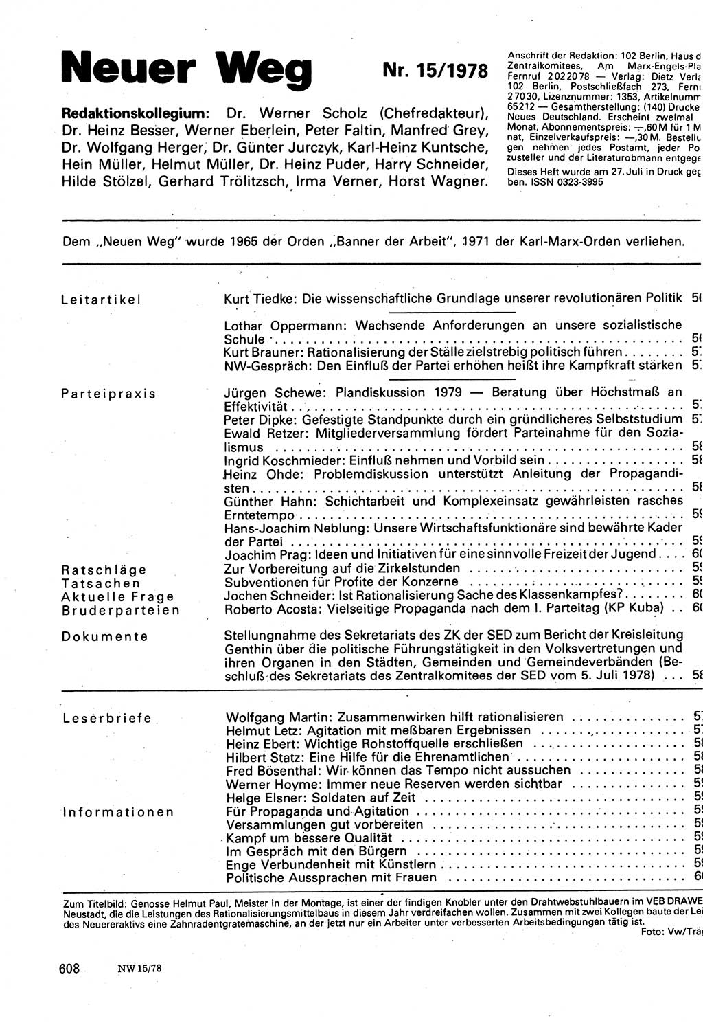 Neuer Weg (NW), Organ des Zentralkomitees (ZK) der SED (Sozialistische Einheitspartei Deutschlands) für Fragen des Parteilebens, 33. Jahrgang [Deutsche Demokratische Republik (DDR)] 1978, Seite 608 (NW ZK SED DDR 1978, S. 608)