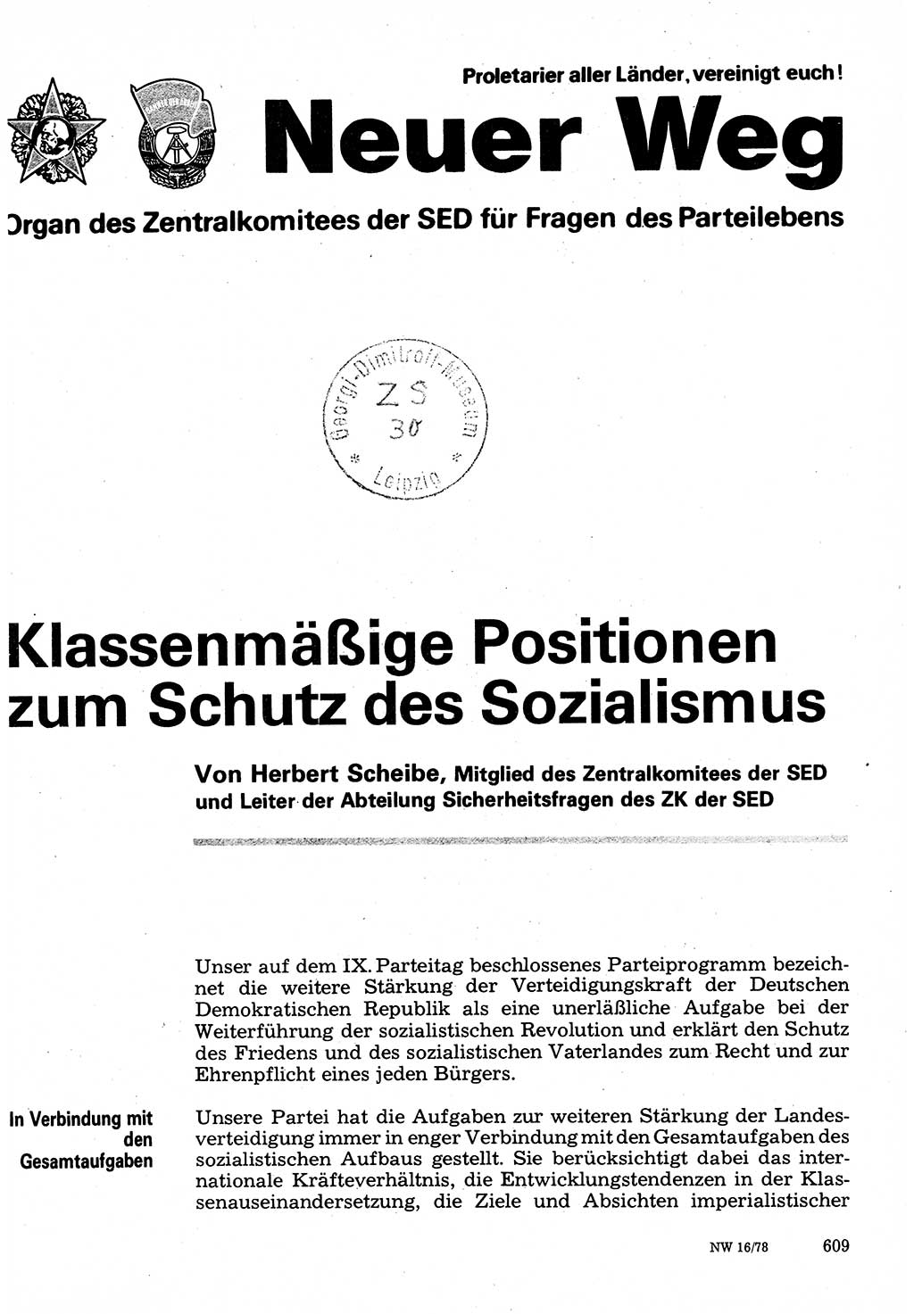 Neuer Weg (NW), Organ des Zentralkomitees (ZK) der SED (Sozialistische Einheitspartei Deutschlands) für Fragen des Parteilebens, 33. Jahrgang [Deutsche Demokratische Republik (DDR)] 1978, Seite 609 (NW ZK SED DDR 1978, S. 609)