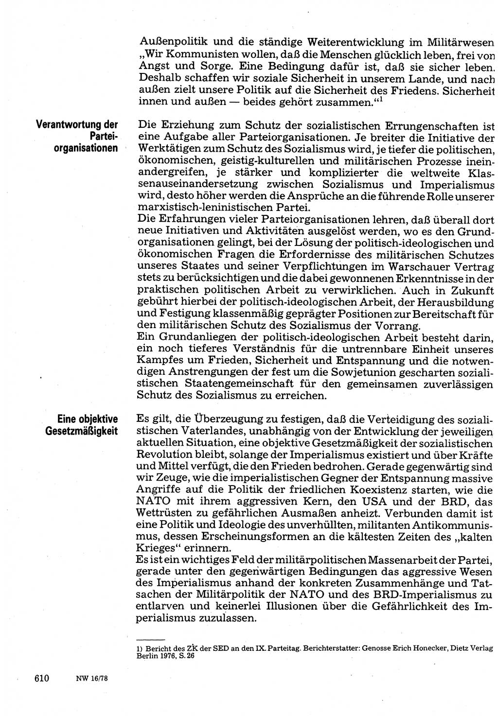 Neuer Weg (NW), Organ des Zentralkomitees (ZK) der SED (Sozialistische Einheitspartei Deutschlands) für Fragen des Parteilebens, 33. Jahrgang [Deutsche Demokratische Republik (DDR)] 1978, Seite 610 (NW ZK SED DDR 1978, S. 610)