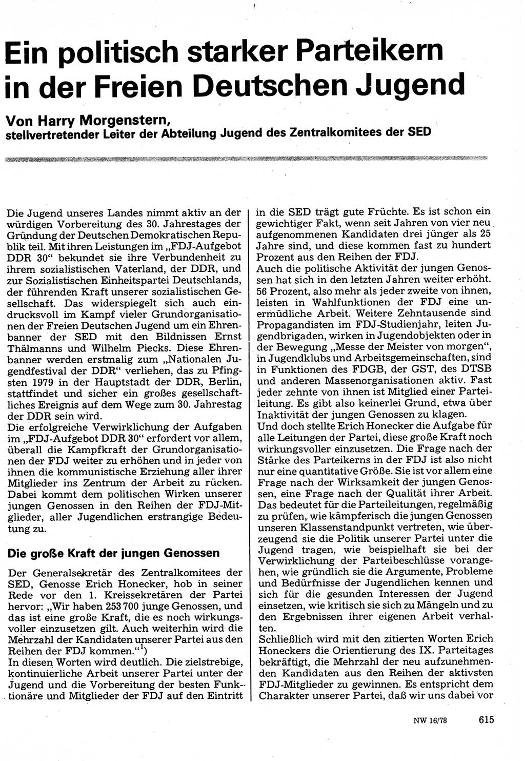 Neuer Weg (NW), Organ des Zentralkomitees (ZK) der SED (Sozialistische Einheitspartei Deutschlands) für Fragen des Parteilebens, 33. Jahrgang [Deutsche Demokratische Republik (DDR)] 1978, Seite 615 (NW ZK SED DDR 1978, S. 615)