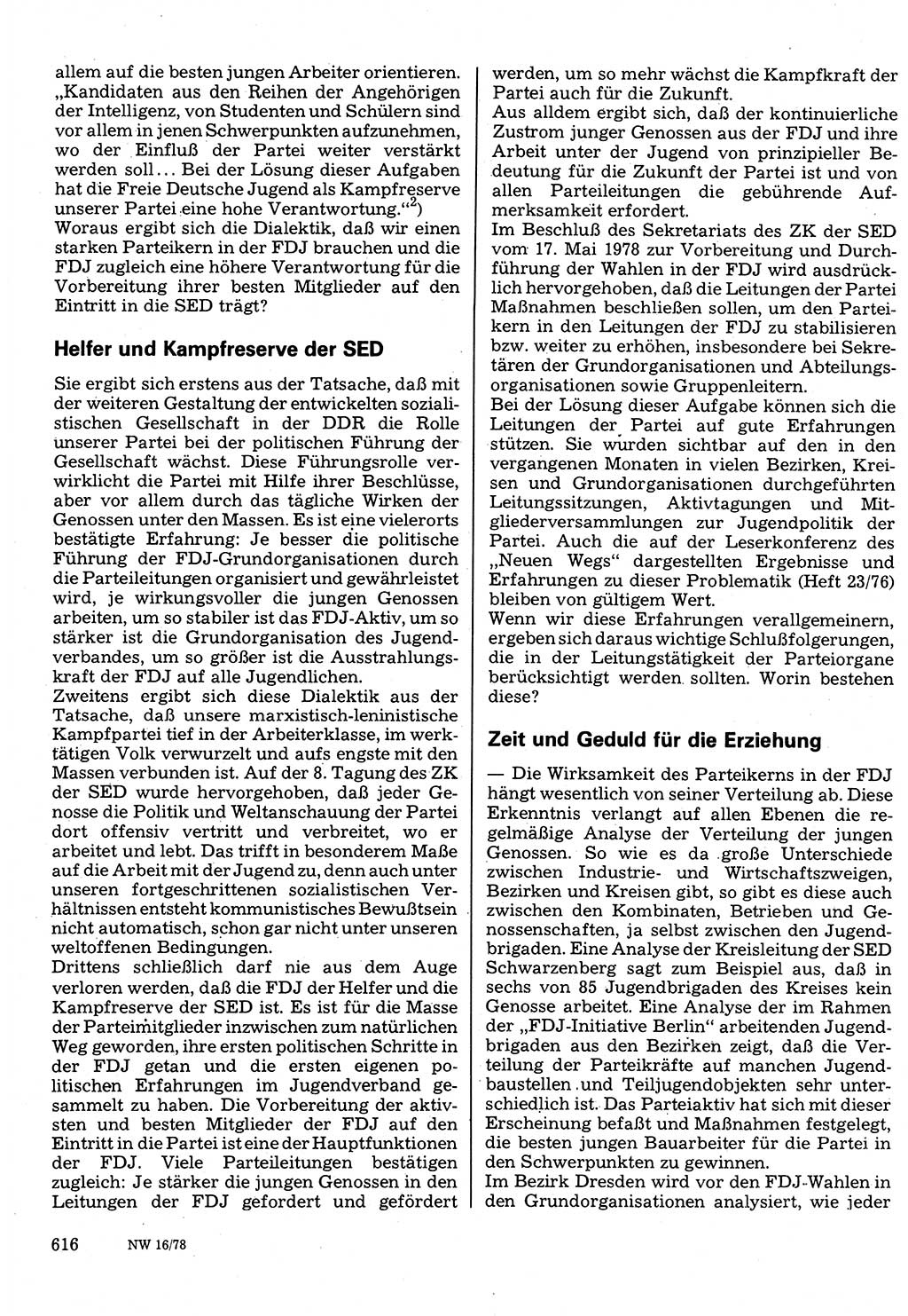 Neuer Weg (NW), Organ des Zentralkomitees (ZK) der SED (Sozialistische Einheitspartei Deutschlands) für Fragen des Parteilebens, 33. Jahrgang [Deutsche Demokratische Republik (DDR)] 1978, Seite 616 (NW ZK SED DDR 1978, S. 616)