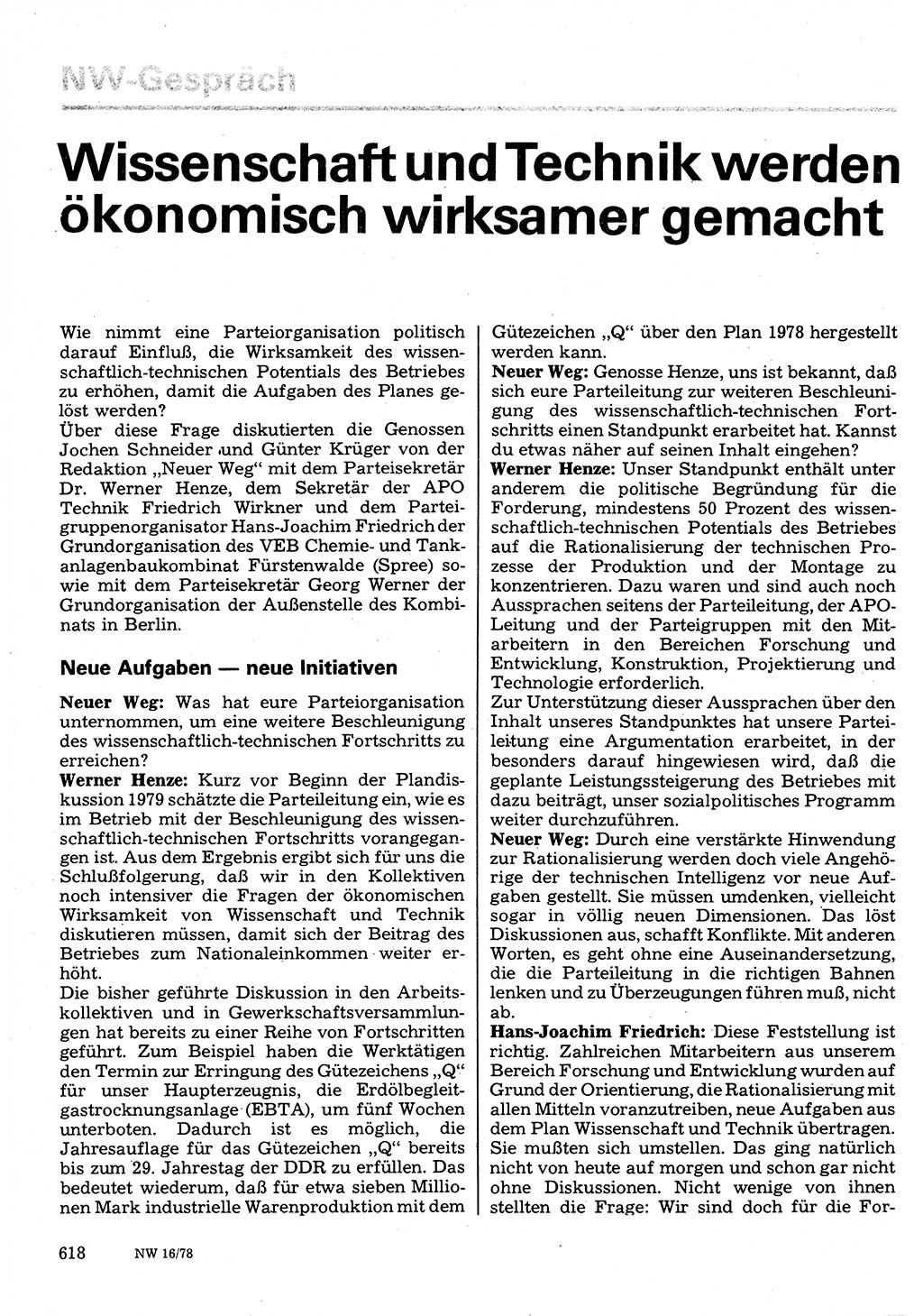 Neuer Weg (NW), Organ des Zentralkomitees (ZK) der SED (Sozialistische Einheitspartei Deutschlands) für Fragen des Parteilebens, 33. Jahrgang [Deutsche Demokratische Republik (DDR)] 1978, Seite 618 (NW ZK SED DDR 1978, S. 618)