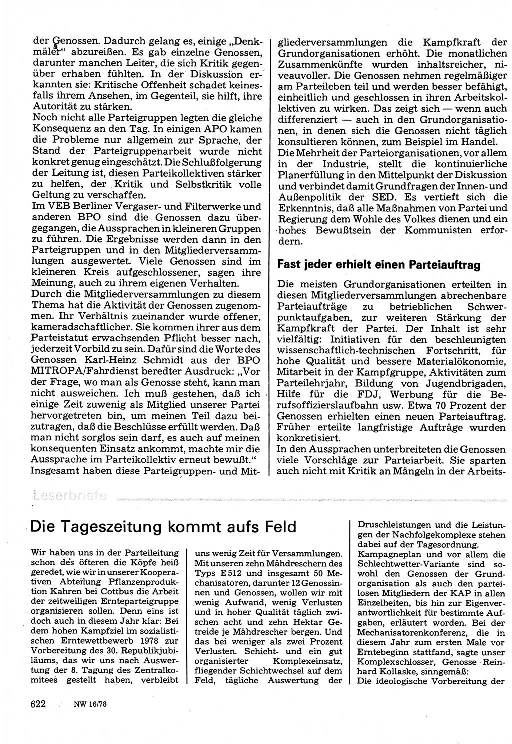 Neuer Weg (NW), Organ des Zentralkomitees (ZK) der SED (Sozialistische Einheitspartei Deutschlands) für Fragen des Parteilebens, 33. Jahrgang [Deutsche Demokratische Republik (DDR)] 1978, Seite 622 (NW ZK SED DDR 1978, S. 622)