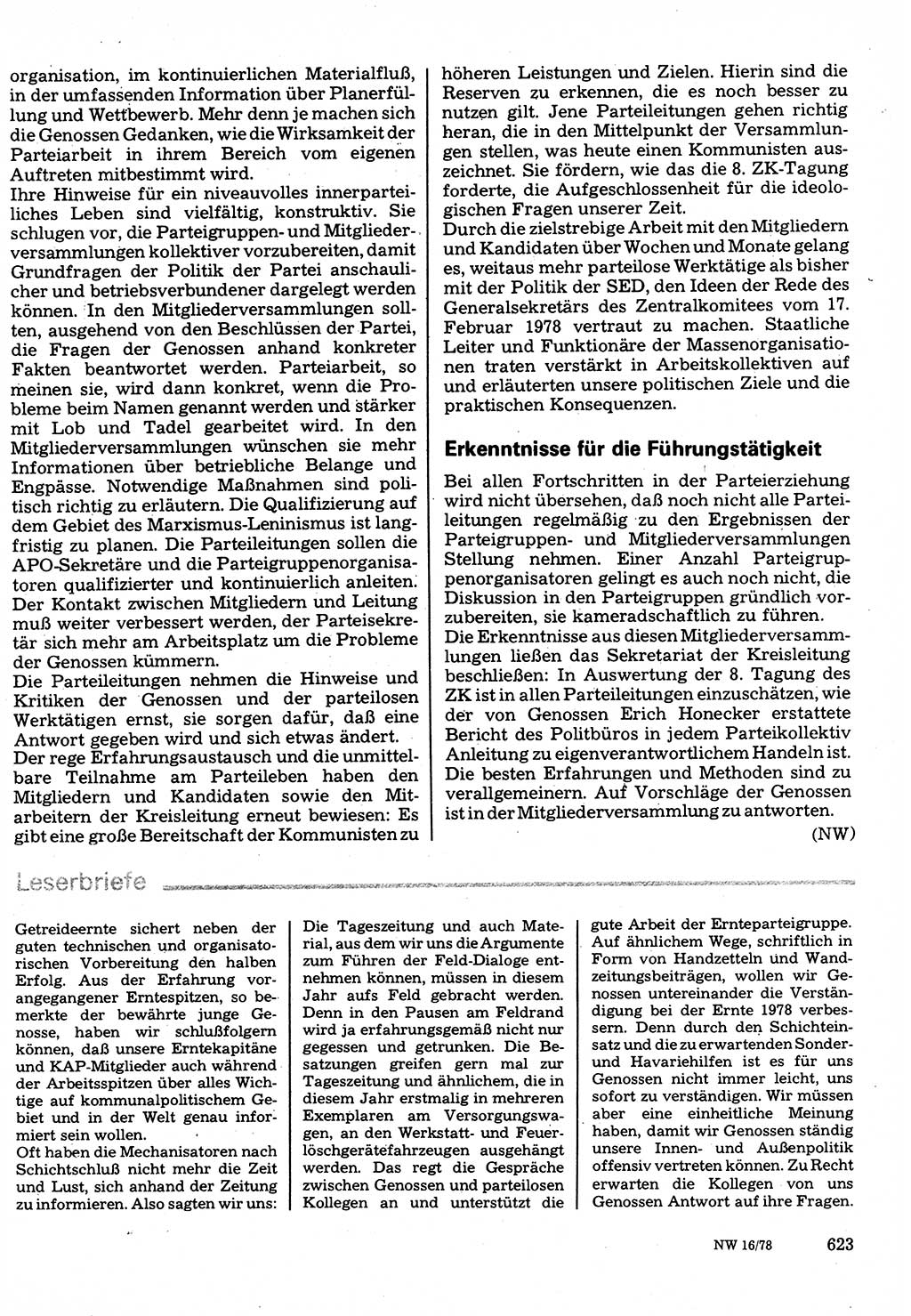 Neuer Weg (NW), Organ des Zentralkomitees (ZK) der SED (Sozialistische Einheitspartei Deutschlands) für Fragen des Parteilebens, 33. Jahrgang [Deutsche Demokratische Republik (DDR)] 1978, Seite 623 (NW ZK SED DDR 1978, S. 623)