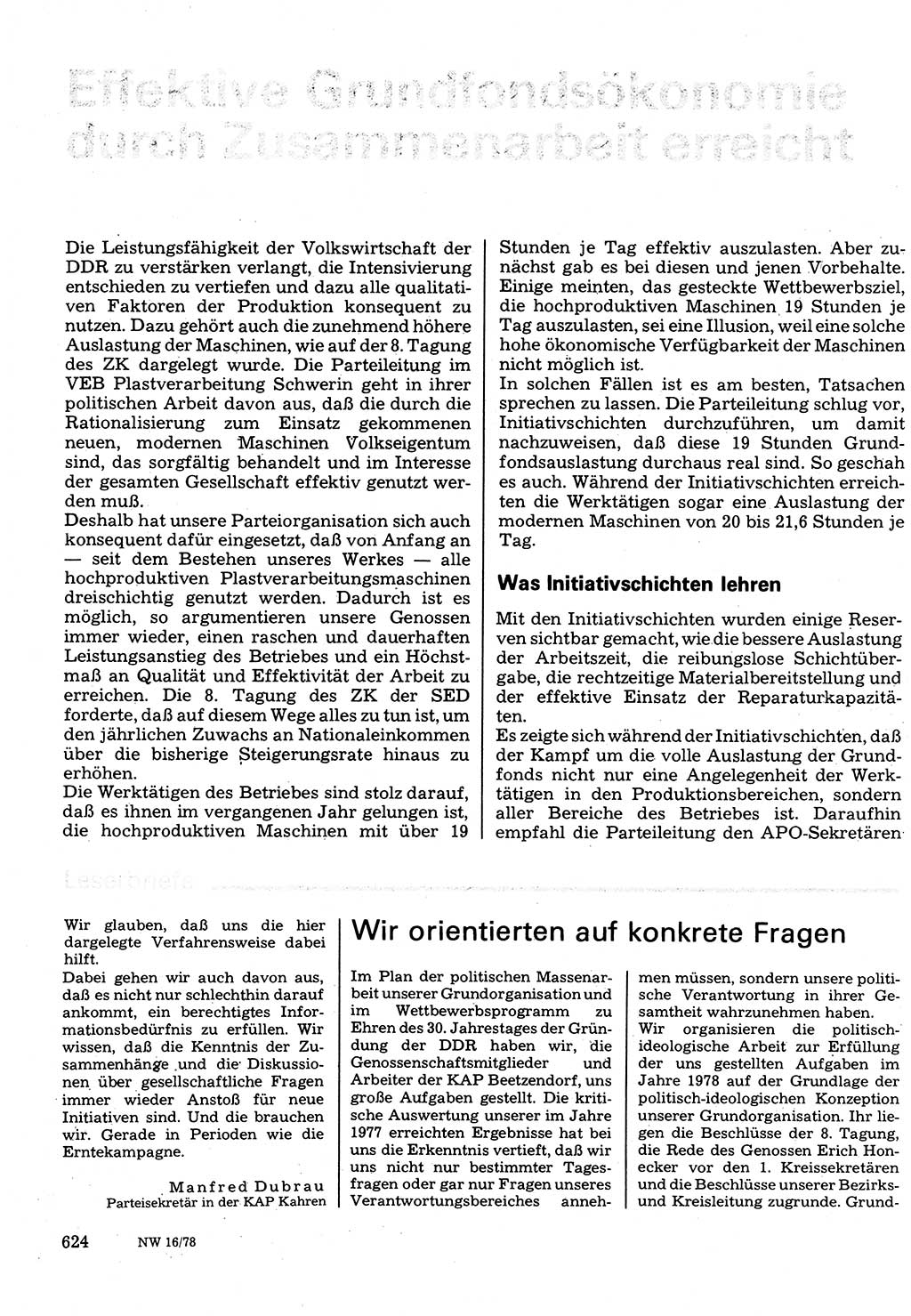 Neuer Weg (NW), Organ des Zentralkomitees (ZK) der SED (Sozialistische Einheitspartei Deutschlands) für Fragen des Parteilebens, 33. Jahrgang [Deutsche Demokratische Republik (DDR)] 1978, Seite 624 (NW ZK SED DDR 1978, S. 624)