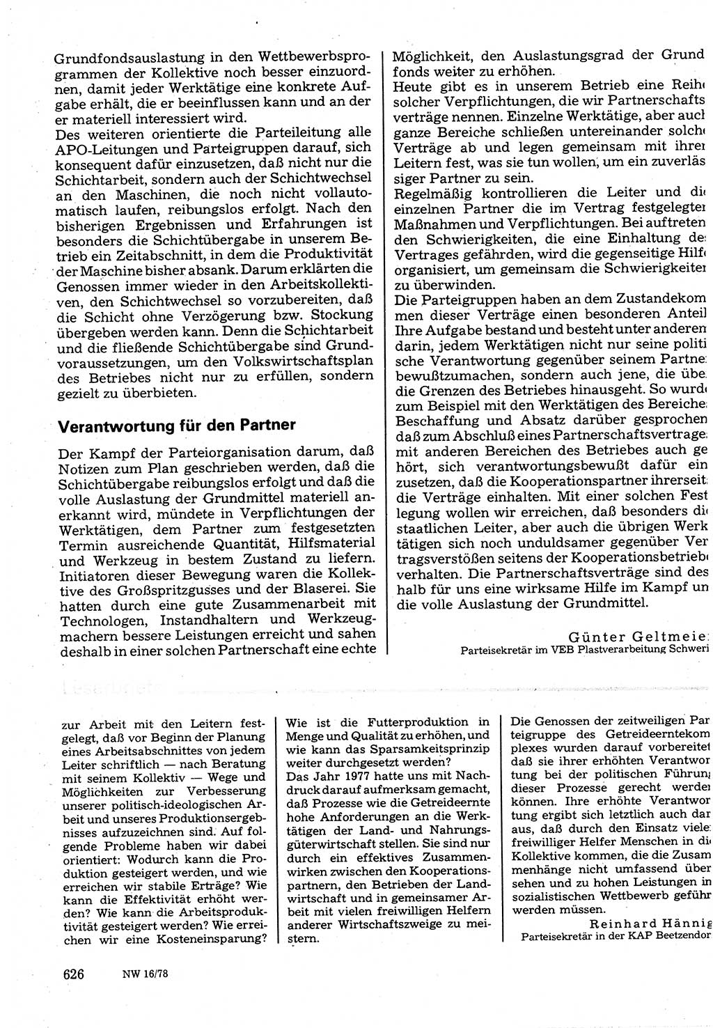 Neuer Weg (NW), Organ des Zentralkomitees (ZK) der SED (Sozialistische Einheitspartei Deutschlands) für Fragen des Parteilebens, 33. Jahrgang [Deutsche Demokratische Republik (DDR)] 1978, Seite 626 (NW ZK SED DDR 1978, S. 626)