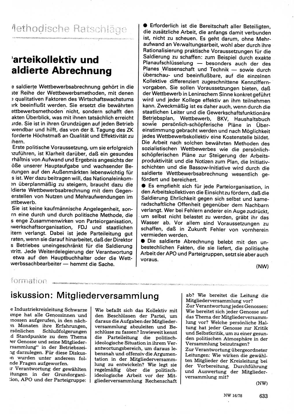 Neuer Weg (NW), Organ des Zentralkomitees (ZK) der SED (Sozialistische Einheitspartei Deutschlands) fÃ¼r Fragen des Parteilebens, 33. Jahrgang [Deutsche Demokratische Republik (DDR)] 1978, Seite 633 (NW ZK SED DDR 1978, S. 633)