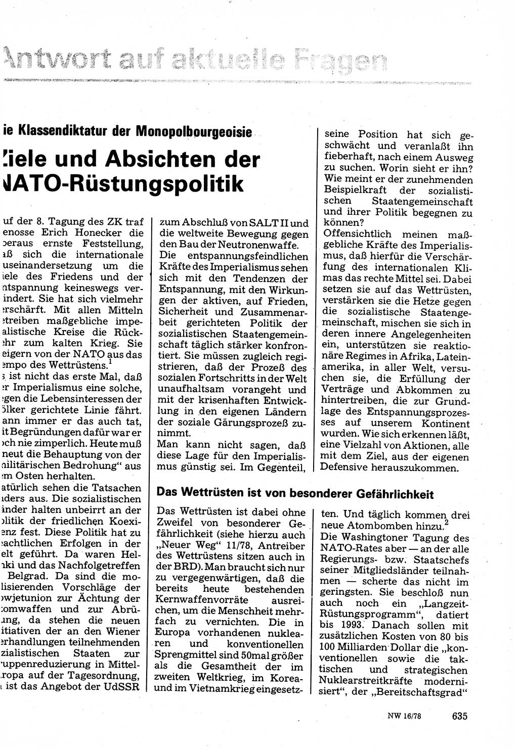 Neuer Weg (NW), Organ des Zentralkomitees (ZK) der SED (Sozialistische Einheitspartei Deutschlands) für Fragen des Parteilebens, 33. Jahrgang [Deutsche Demokratische Republik (DDR)] 1978, Seite 635 (NW ZK SED DDR 1978, S. 635)