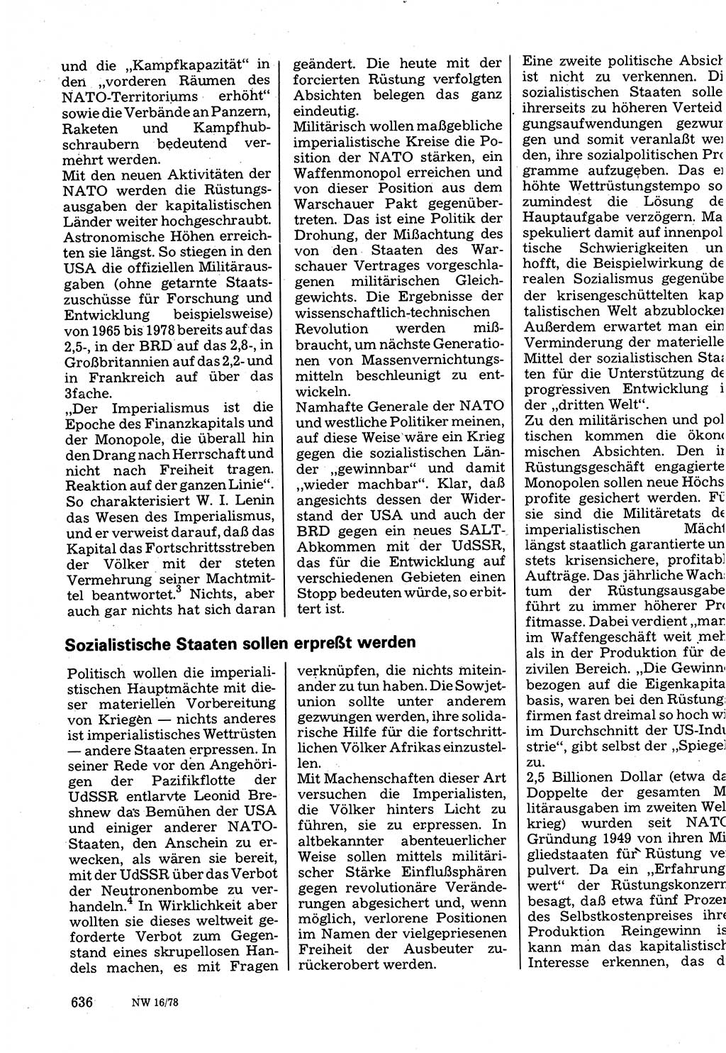 Neuer Weg (NW), Organ des Zentralkomitees (ZK) der SED (Sozialistische Einheitspartei Deutschlands) für Fragen des Parteilebens, 33. Jahrgang [Deutsche Demokratische Republik (DDR)] 1978, Seite 636 (NW ZK SED DDR 1978, S. 636)