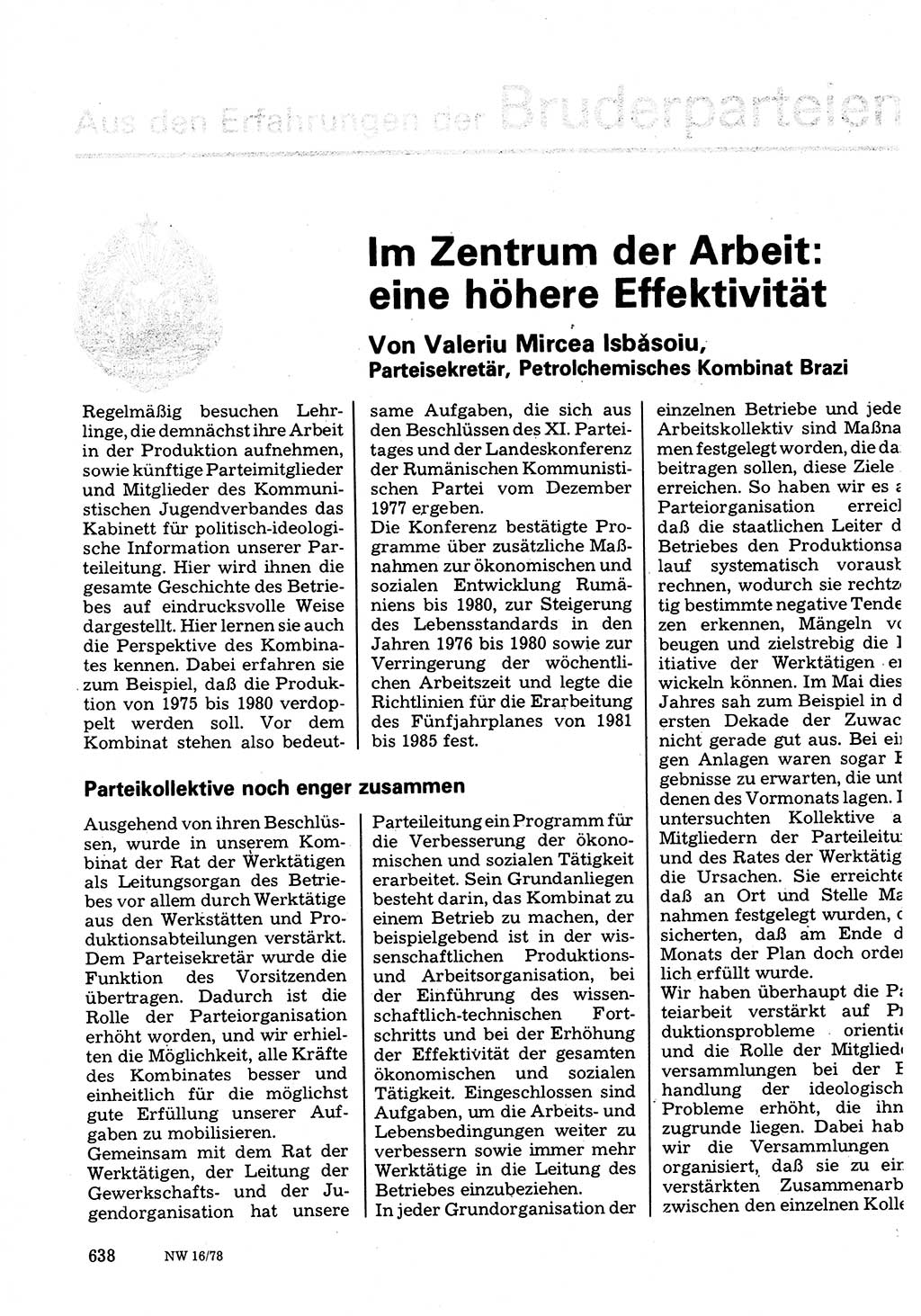 Neuer Weg (NW), Organ des Zentralkomitees (ZK) der SED (Sozialistische Einheitspartei Deutschlands) für Fragen des Parteilebens, 33. Jahrgang [Deutsche Demokratische Republik (DDR)] 1978, Seite 638 (NW ZK SED DDR 1978, S. 638)