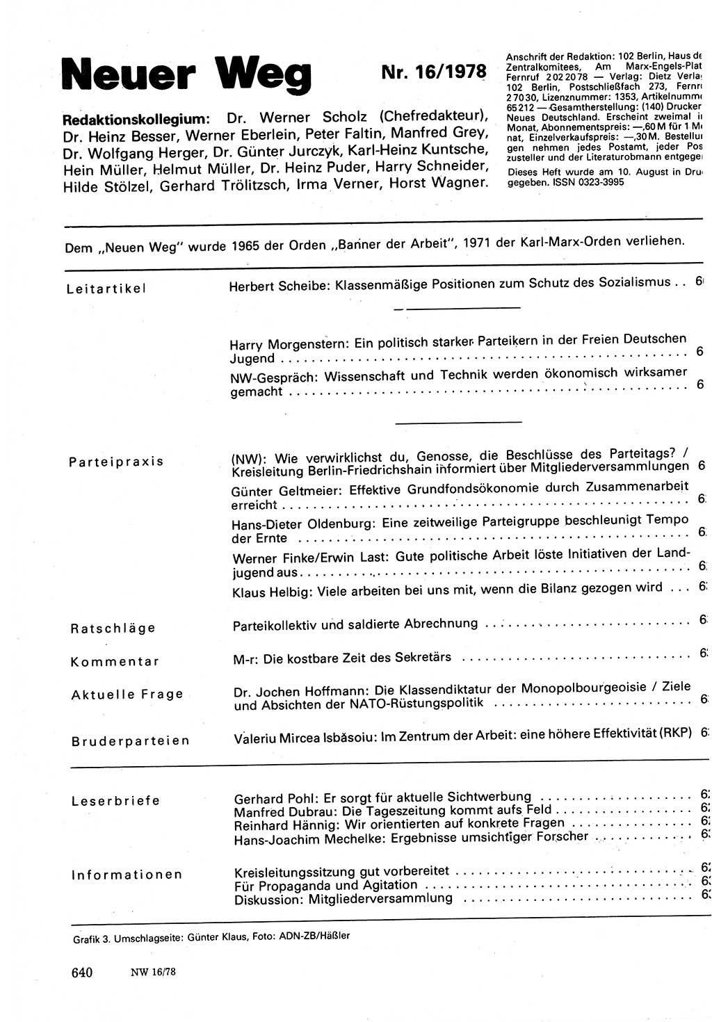 Neuer Weg (NW), Organ des Zentralkomitees (ZK) der SED (Sozialistische Einheitspartei Deutschlands) für Fragen des Parteilebens, 33. Jahrgang [Deutsche Demokratische Republik (DDR)] 1978, Seite 640 (NW ZK SED DDR 1978, S. 640)