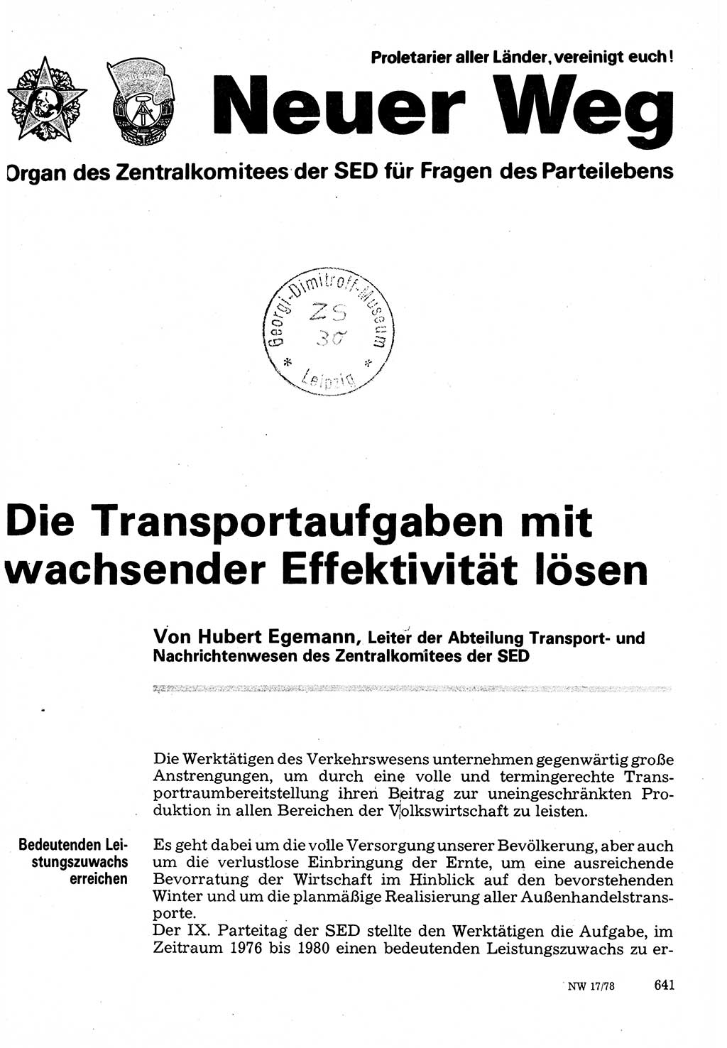 Neuer Weg (NW), Organ des Zentralkomitees (ZK) der SED (Sozialistische Einheitspartei Deutschlands) für Fragen des Parteilebens, 33. Jahrgang [Deutsche Demokratische Republik (DDR)] 1978, Seite 641 (NW ZK SED DDR 1978, S. 641)