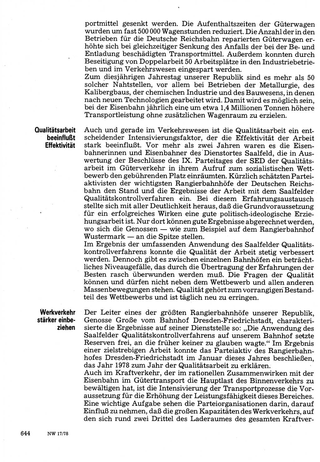 Neuer Weg (NW), Organ des Zentralkomitees (ZK) der SED (Sozialistische Einheitspartei Deutschlands) für Fragen des Parteilebens, 33. Jahrgang [Deutsche Demokratische Republik (DDR)] 1978, Seite 644 (NW ZK SED DDR 1978, S. 644)
