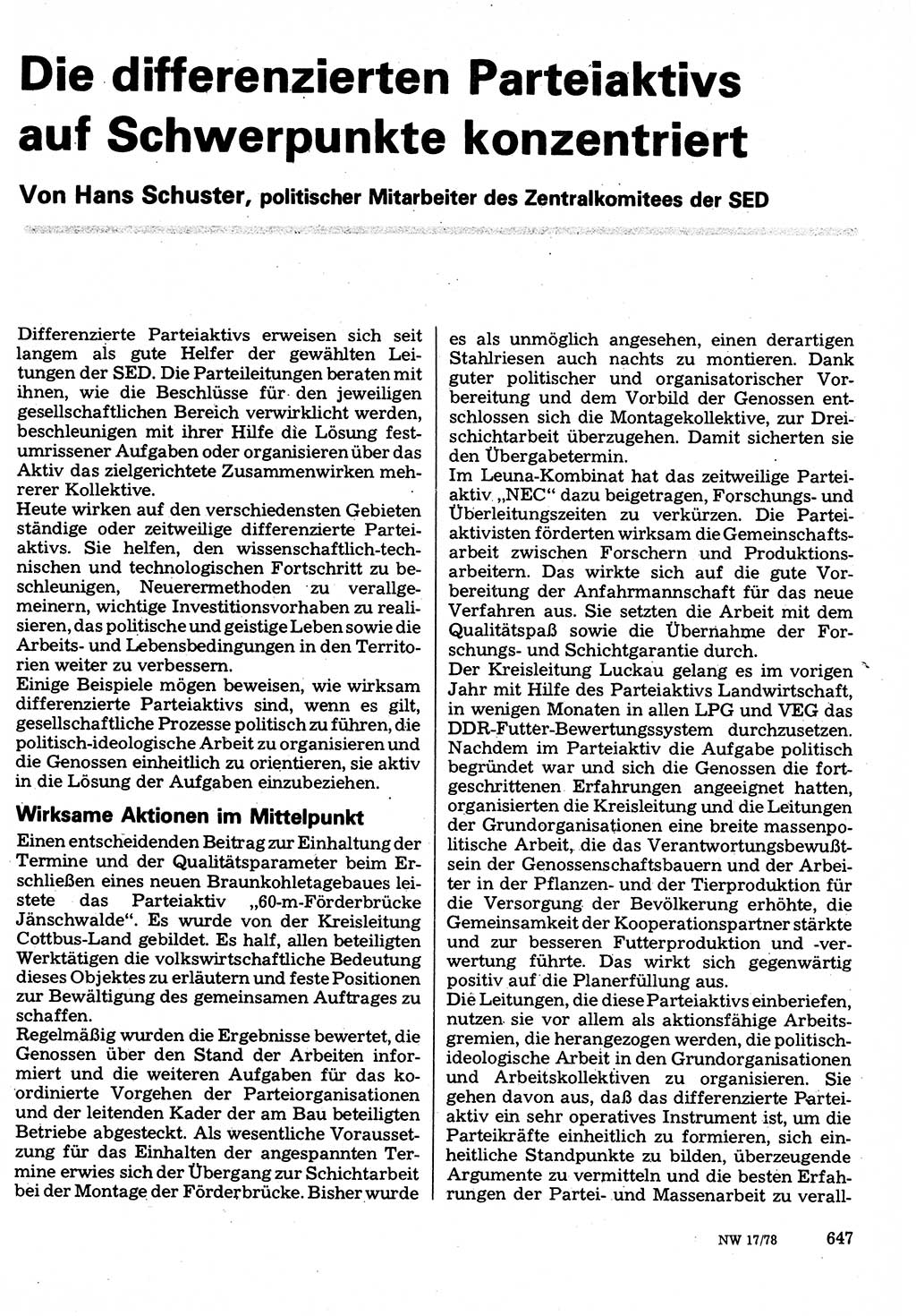 Neuer Weg (NW), Organ des Zentralkomitees (ZK) der SED (Sozialistische Einheitspartei Deutschlands) für Fragen des Parteilebens, 33. Jahrgang [Deutsche Demokratische Republik (DDR)] 1978, Seite 647 (NW ZK SED DDR 1978, S. 647)