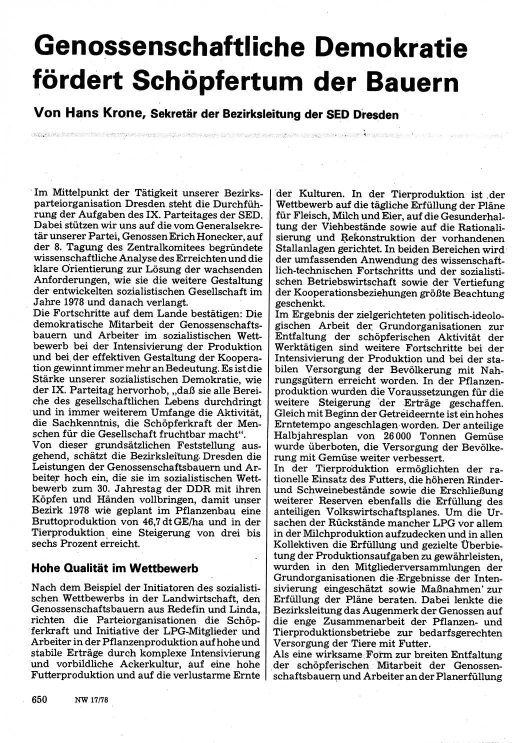 Neuer Weg (NW), Organ des Zentralkomitees (ZK) der SED (Sozialistische Einheitspartei Deutschlands) für Fragen des Parteilebens, 33. Jahrgang [Deutsche Demokratische Republik (DDR)] 1978, Seite 650 (NW ZK SED DDR 1978, S. 650)