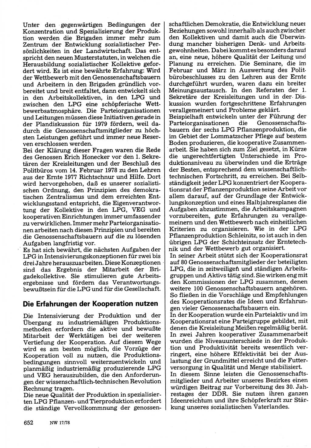 Neuer Weg (NW), Organ des Zentralkomitees (ZK) der SED (Sozialistische Einheitspartei Deutschlands) für Fragen des Parteilebens, 33. Jahrgang [Deutsche Demokratische Republik (DDR)] 1978, Seite 652 (NW ZK SED DDR 1978, S. 652)