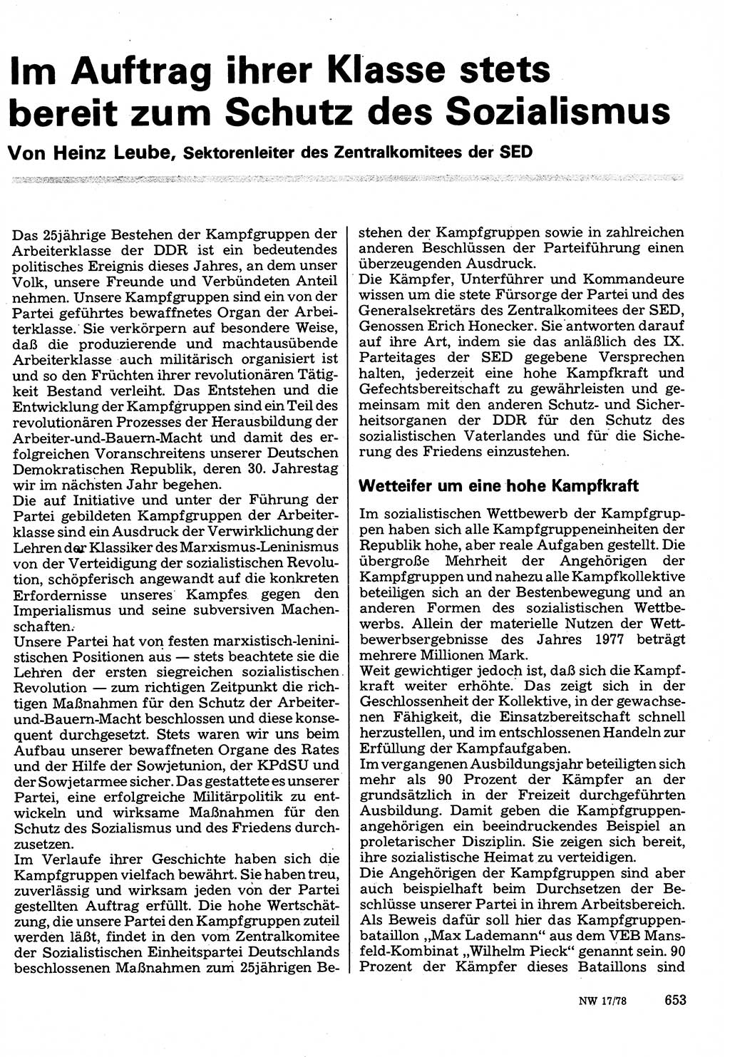Neuer Weg (NW), Organ des Zentralkomitees (ZK) der SED (Sozialistische Einheitspartei Deutschlands) für Fragen des Parteilebens, 33. Jahrgang [Deutsche Demokratische Republik (DDR)] 1978, Seite 653 (NW ZK SED DDR 1978, S. 653)