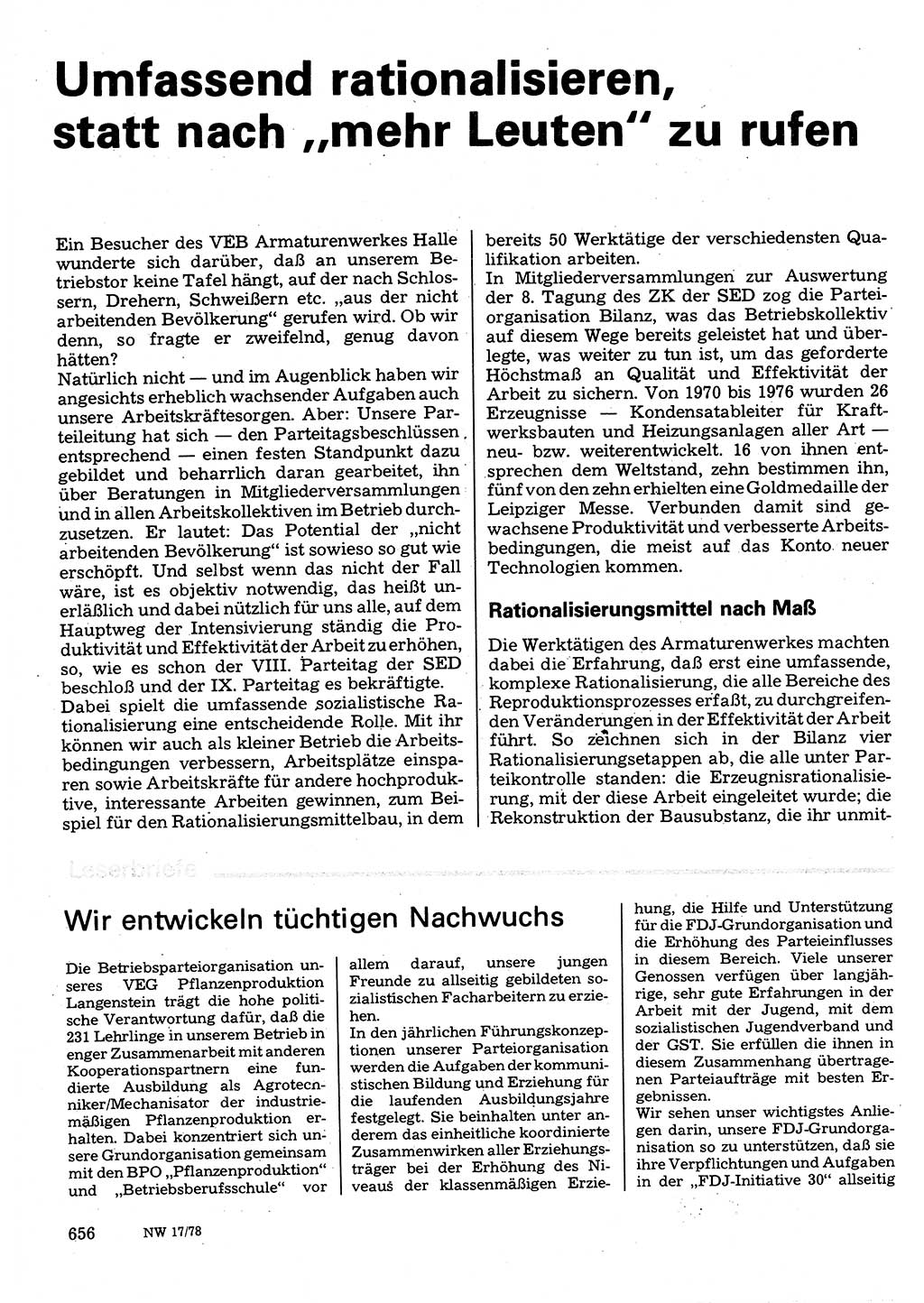 Neuer Weg (NW), Organ des Zentralkomitees (ZK) der SED (Sozialistische Einheitspartei Deutschlands) für Fragen des Parteilebens, 33. Jahrgang [Deutsche Demokratische Republik (DDR)] 1978, Seite 656 (NW ZK SED DDR 1978, S. 656)