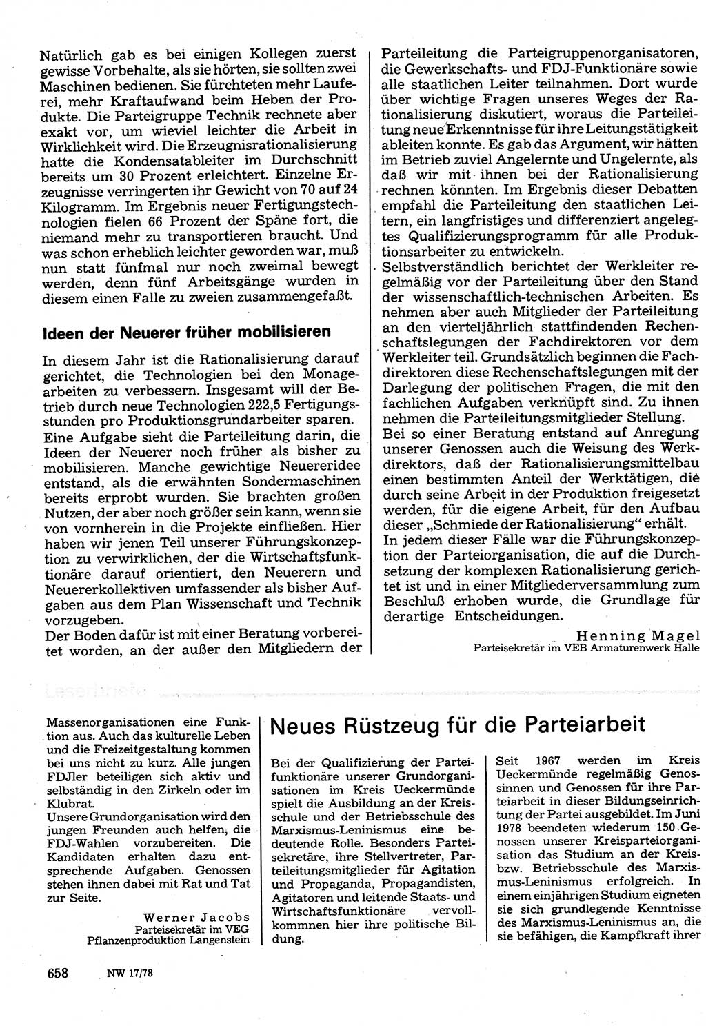Neuer Weg (NW), Organ des Zentralkomitees (ZK) der SED (Sozialistische Einheitspartei Deutschlands) für Fragen des Parteilebens, 33. Jahrgang [Deutsche Demokratische Republik (DDR)] 1978, Seite 658 (NW ZK SED DDR 1978, S. 658)