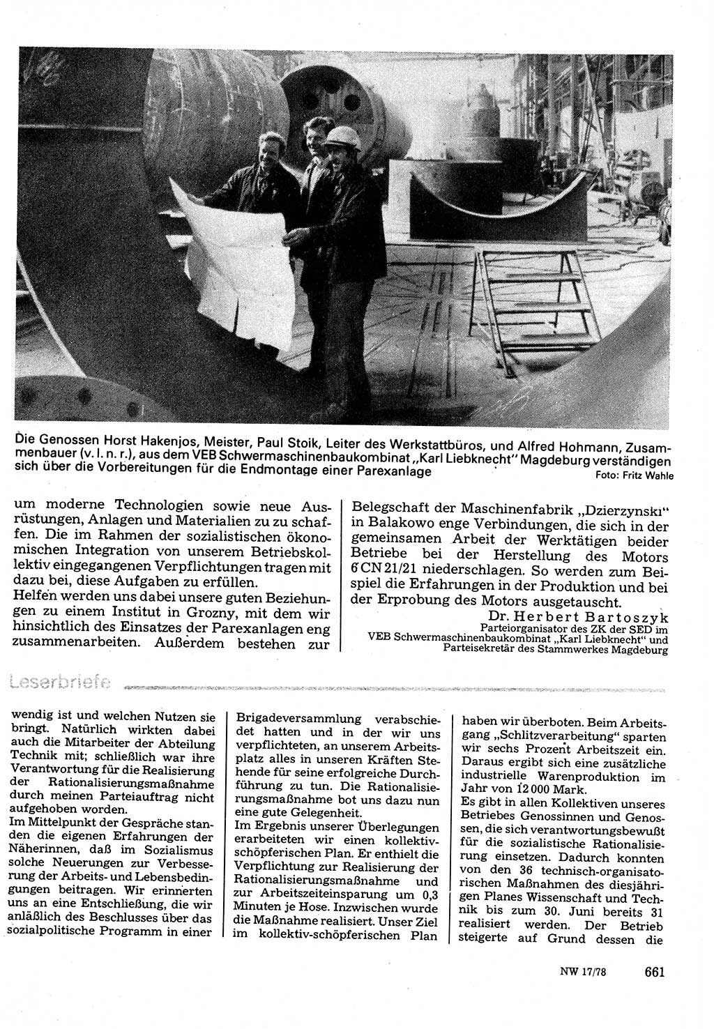 Neuer Weg (NW), Organ des Zentralkomitees (ZK) der SED (Sozialistische Einheitspartei Deutschlands) für Fragen des Parteilebens, 33. Jahrgang [Deutsche Demokratische Republik (DDR)] 1978, Seite 661 (NW ZK SED DDR 1978, S. 661)
