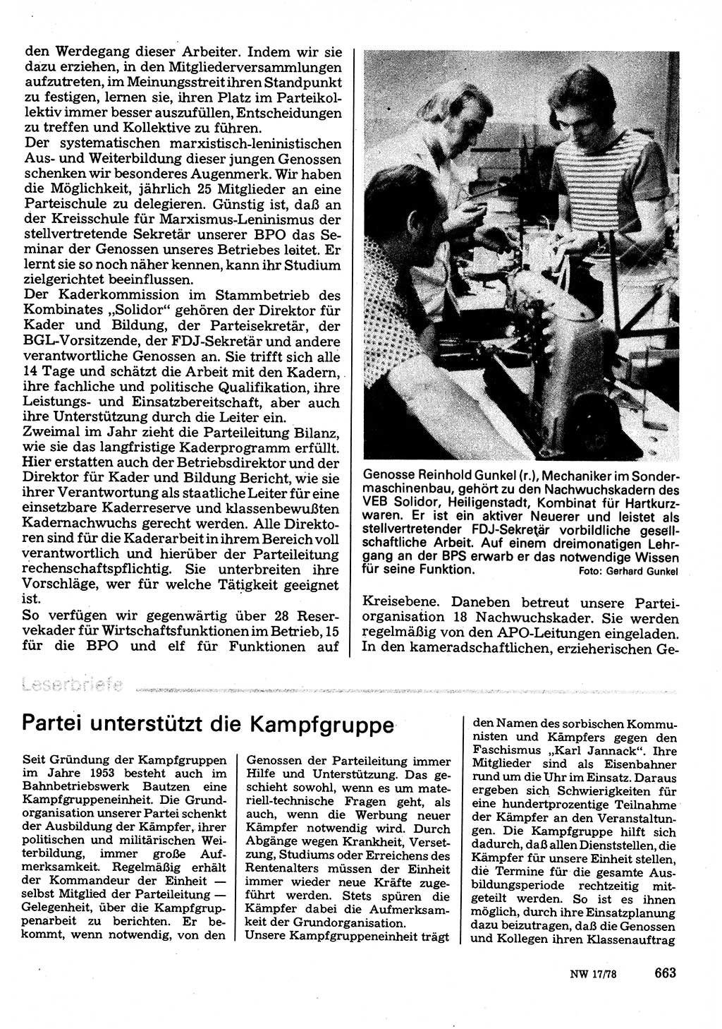 Neuer Weg (NW), Organ des Zentralkomitees (ZK) der SED (Sozialistische Einheitspartei Deutschlands) für Fragen des Parteilebens, 33. Jahrgang [Deutsche Demokratische Republik (DDR)] 1978, Seite 663 (NW ZK SED DDR 1978, S. 663)