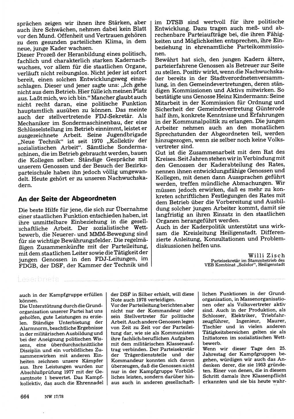 Neuer Weg (NW), Organ des Zentralkomitees (ZK) der SED (Sozialistische Einheitspartei Deutschlands) für Fragen des Parteilebens, 33. Jahrgang [Deutsche Demokratische Republik (DDR)] 1978, Seite 664 (NW ZK SED DDR 1978, S. 664)