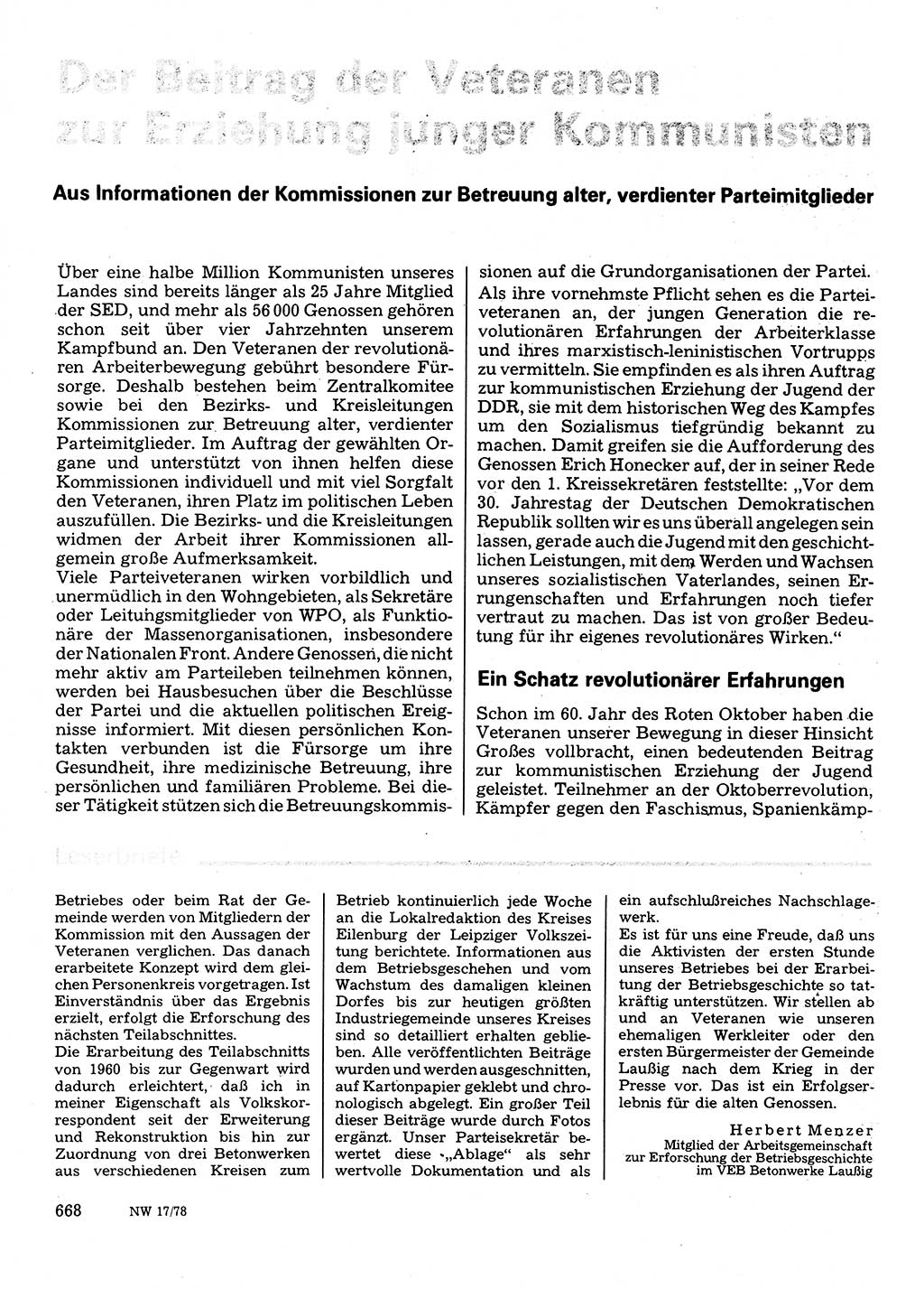 Neuer Weg (NW), Organ des Zentralkomitees (ZK) der SED (Sozialistische Einheitspartei Deutschlands) für Fragen des Parteilebens, 33. Jahrgang [Deutsche Demokratische Republik (DDR)] 1978, Seite 668 (NW ZK SED DDR 1978, S. 668)