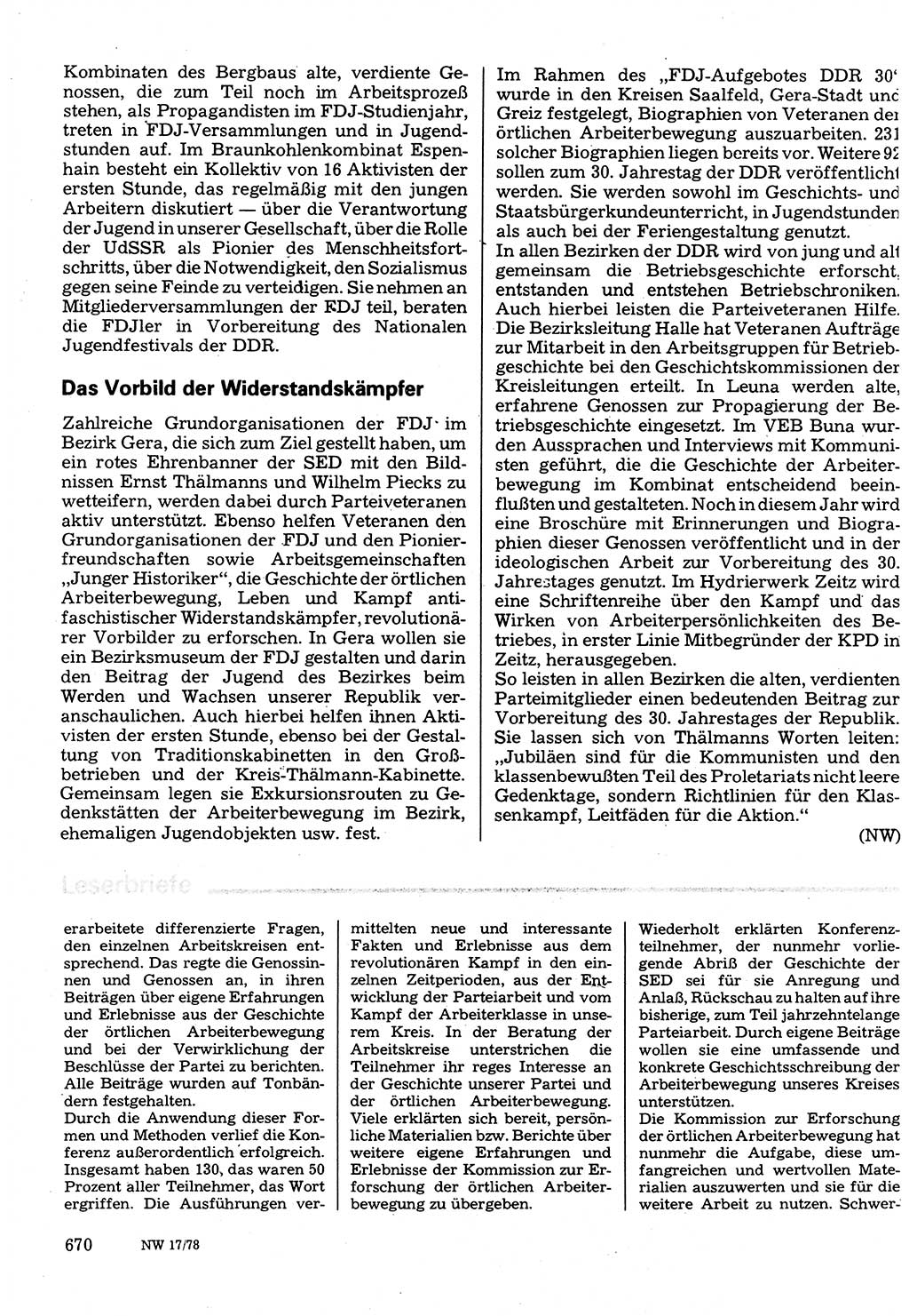 Neuer Weg (NW), Organ des Zentralkomitees (ZK) der SED (Sozialistische Einheitspartei Deutschlands) für Fragen des Parteilebens, 33. Jahrgang [Deutsche Demokratische Republik (DDR)] 1978, Seite 670 (NW ZK SED DDR 1978, S. 670)
