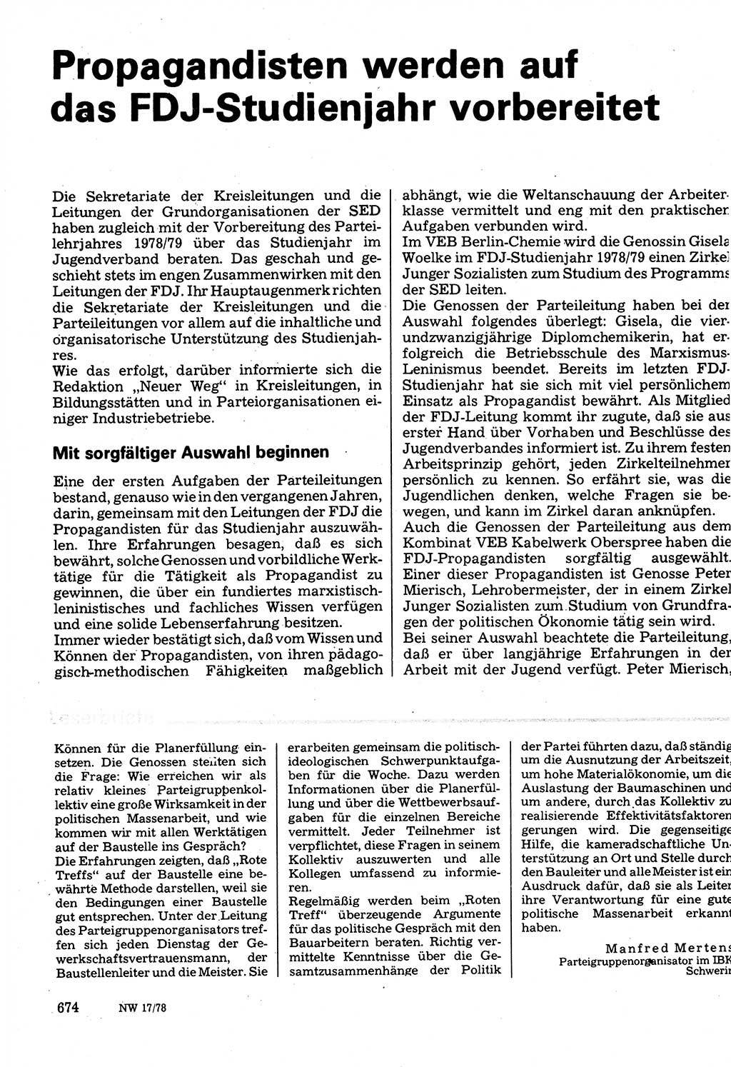 Neuer Weg (NW), Organ des Zentralkomitees (ZK) der SED (Sozialistische Einheitspartei Deutschlands) für Fragen des Parteilebens, 33. Jahrgang [Deutsche Demokratische Republik (DDR)] 1978, Seite 674 (NW ZK SED DDR 1978, S. 674)