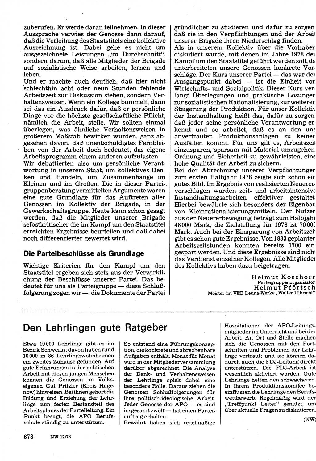 Neuer Weg (NW), Organ des Zentralkomitees (ZK) der SED (Sozialistische Einheitspartei Deutschlands) für Fragen des Parteilebens, 33. Jahrgang [Deutsche Demokratische Republik (DDR)] 1978, Seite 678 (NW ZK SED DDR 1978, S. 678)